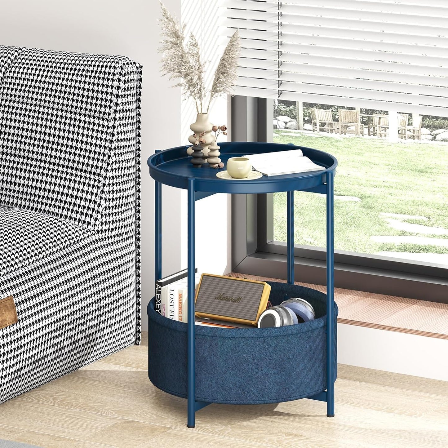 Runder Beistelltisch mit Stoffkorb, Blau