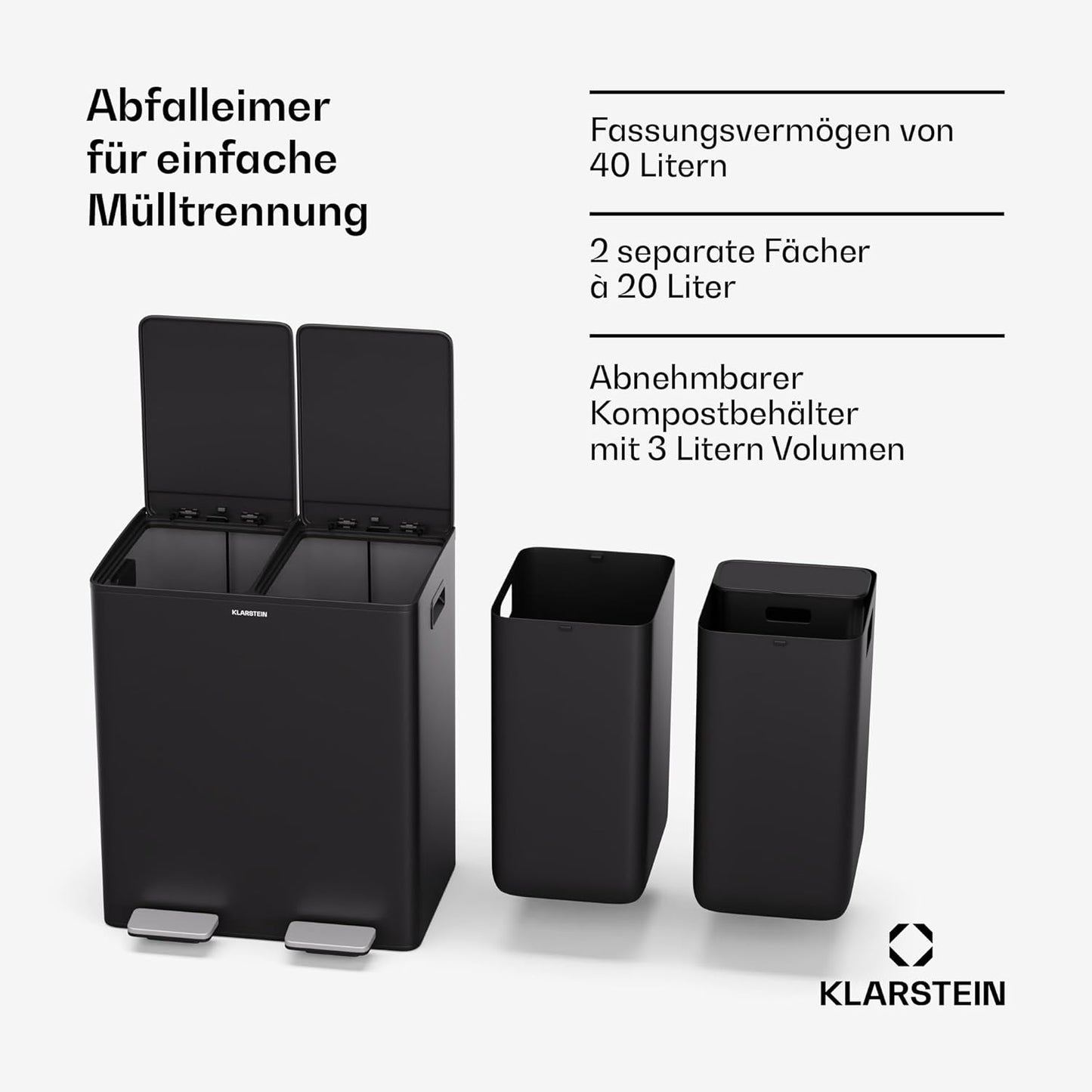 EcoVista Mülltrennsystem mit 2 Fächern & 3L Komposteimer, 40 L mit komposteimer, Schwarz
