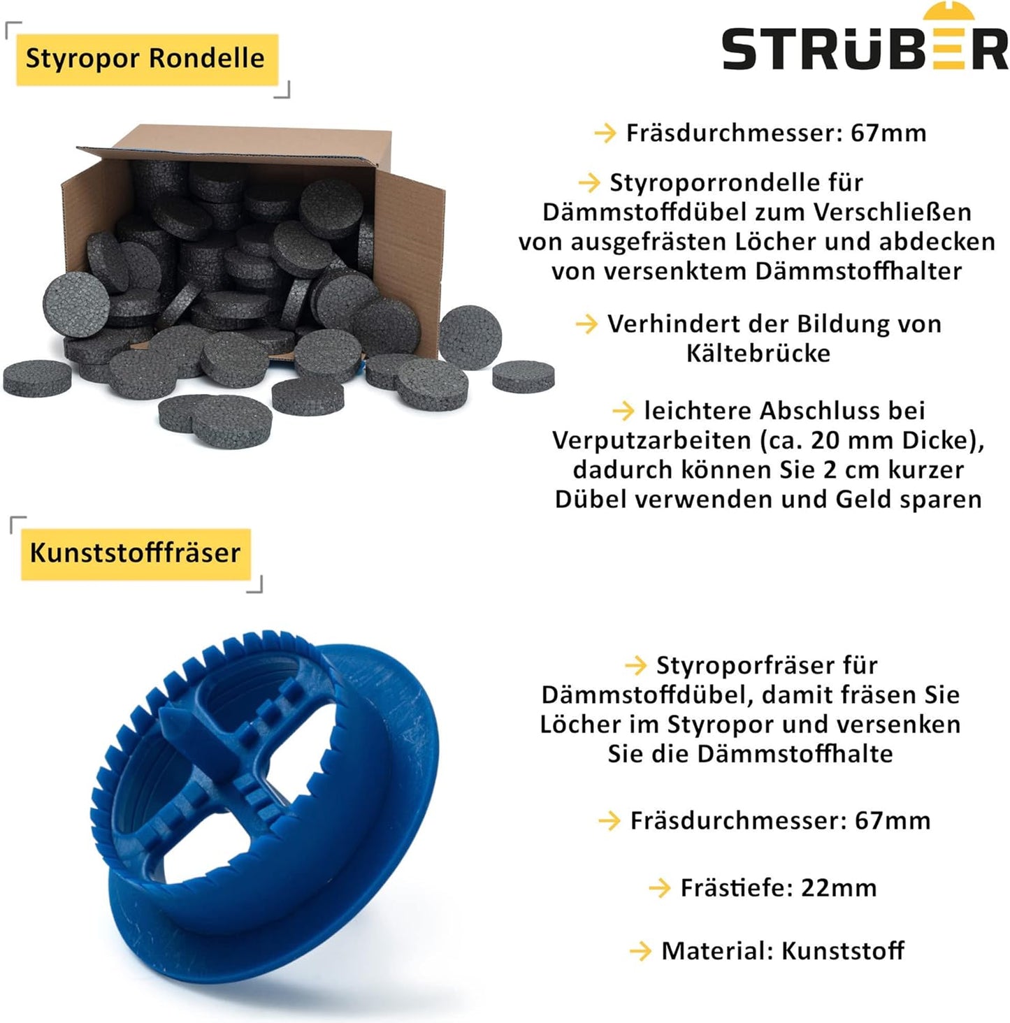 WDVS Rondelle-Fräser-Set 1000 Stk. + 1 Fräser, 1000 Stk. Rondelle + 1 Stk. Fräser Grau