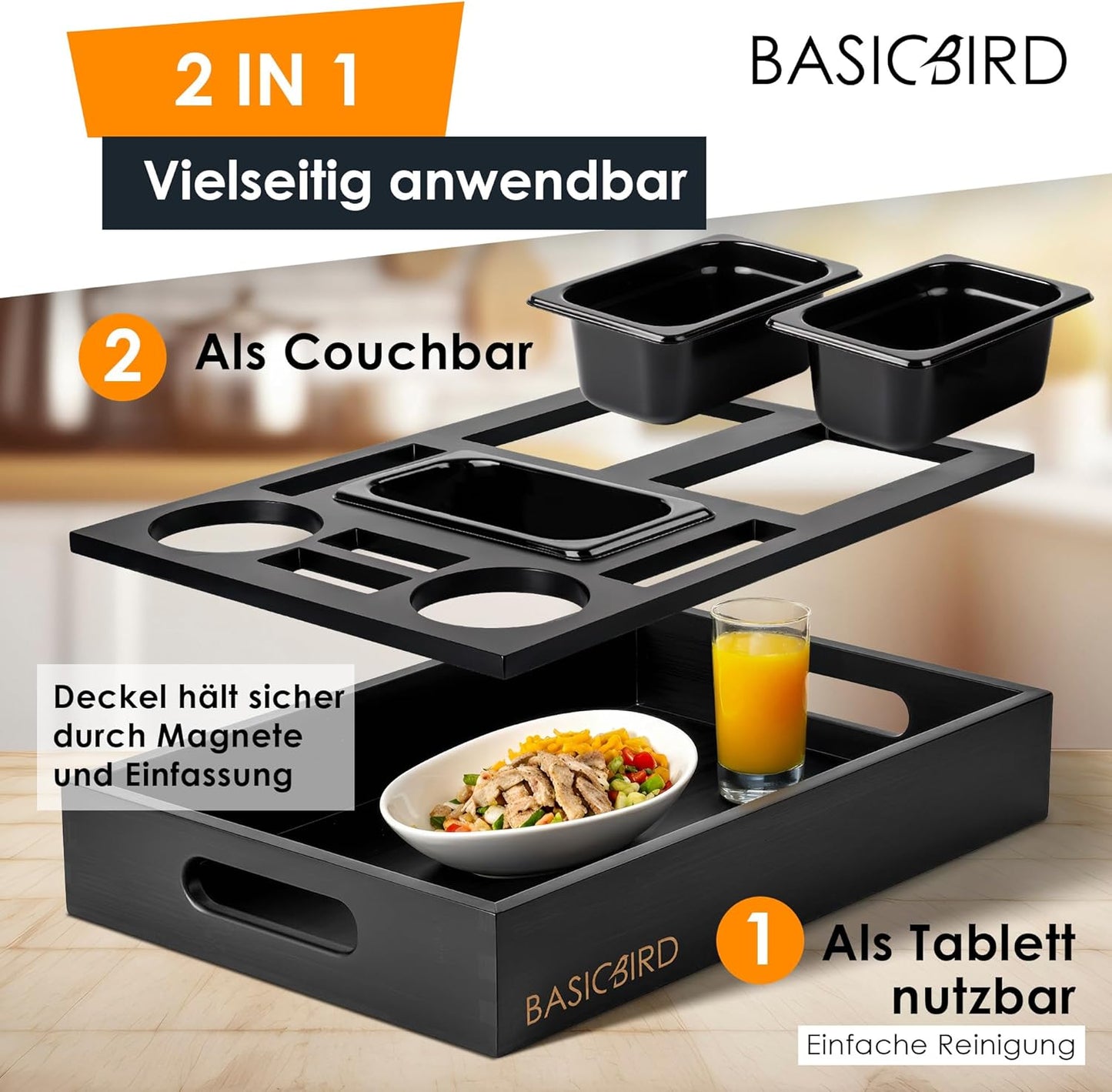 Couchbar Snackbox mit Tablett und Snackschalen (Black Edition), Black Edition