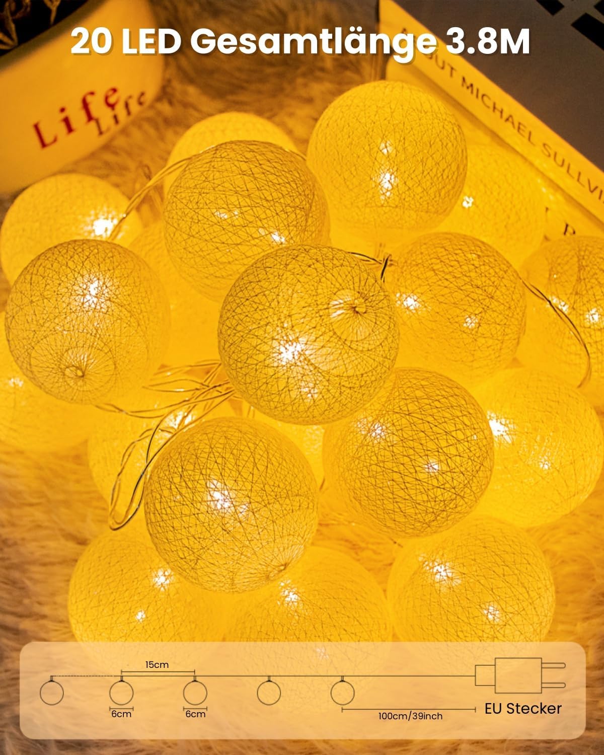 Lichterkette mit 20 LED-Lampions, EU-Version, EU Plug Weiss