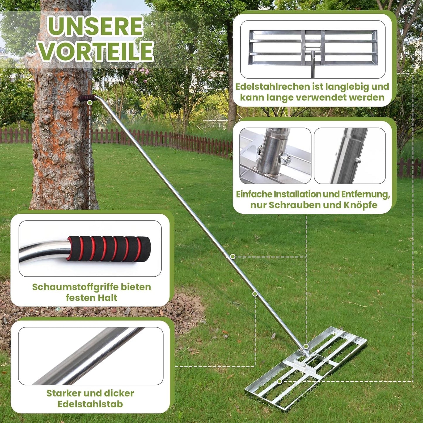 Rasenrakel mit verstellbarem Stiel, 2.15m, 25x72cm