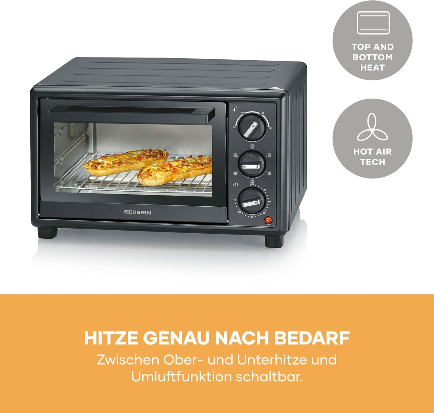 Back- und Toastofen mit Umluftfunktion, 20L, inkl. Pizzastein, NEU 2026: 20L, inkl. Drehspiess & Pizzastein