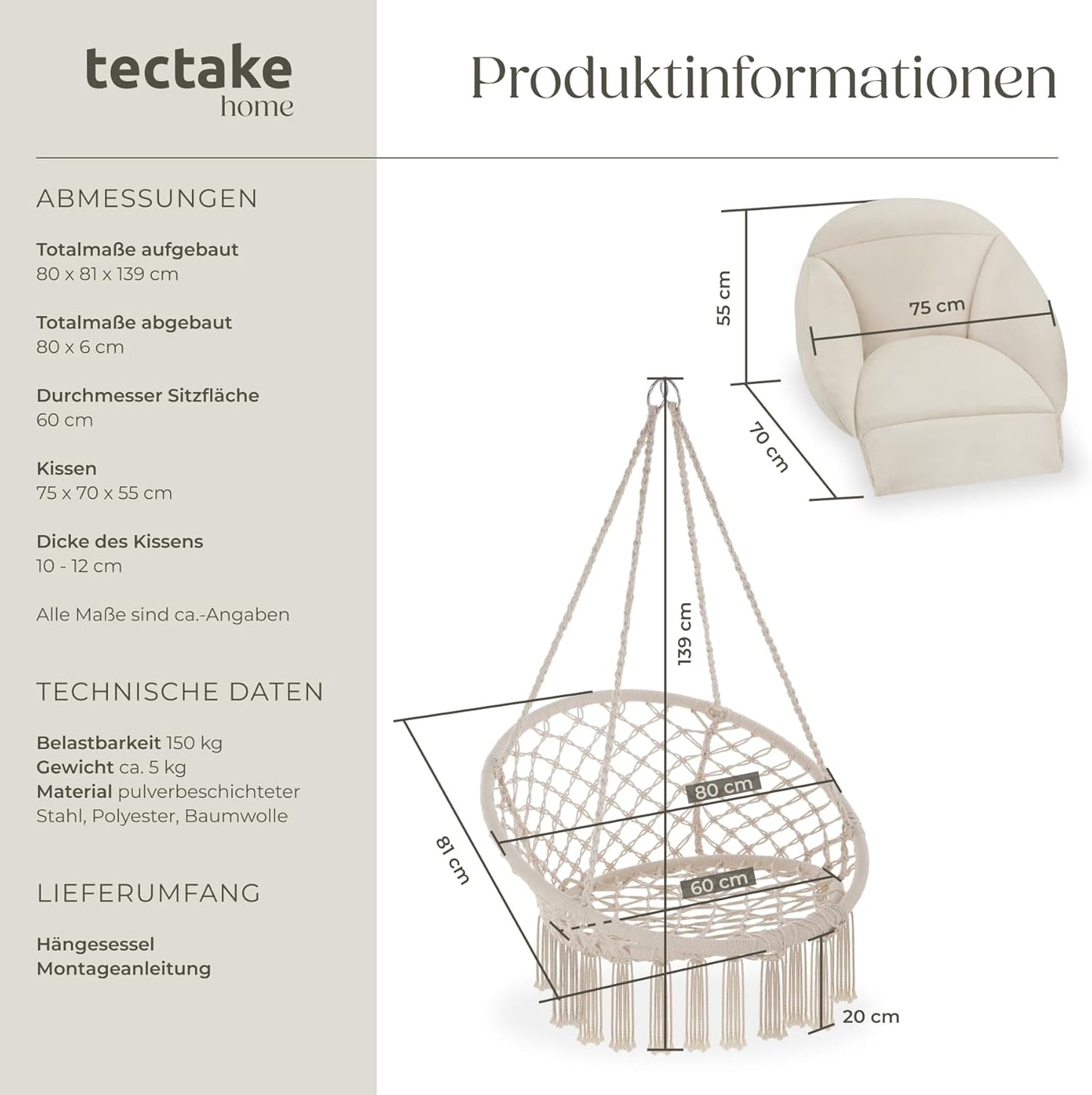 Hängesessel Samira mit Gestell & Kissen, Boho-Stil 80 cm, Beige