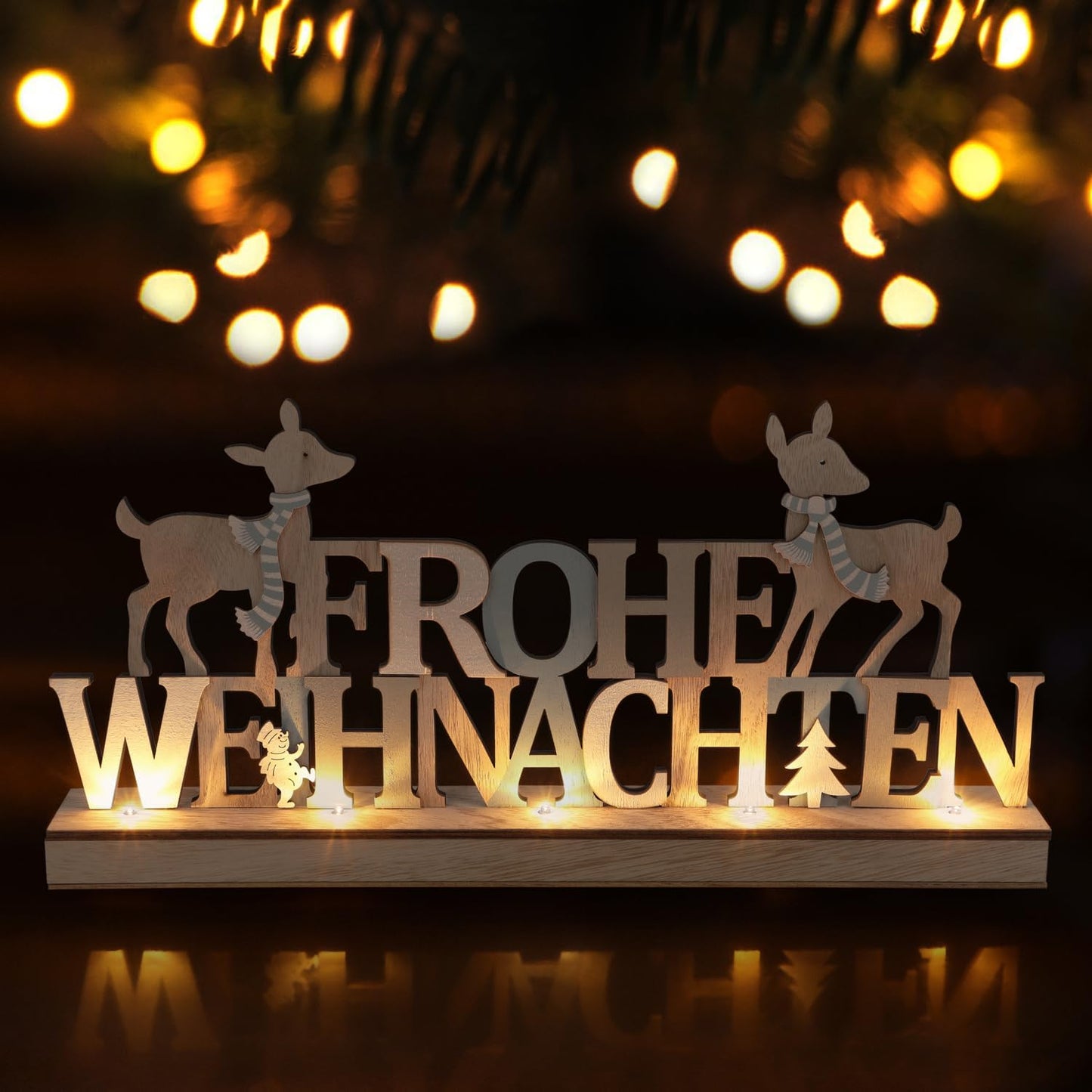 LED Holzaufsteller mit Timer - Frohe Weihnachten, Rentiere - grau