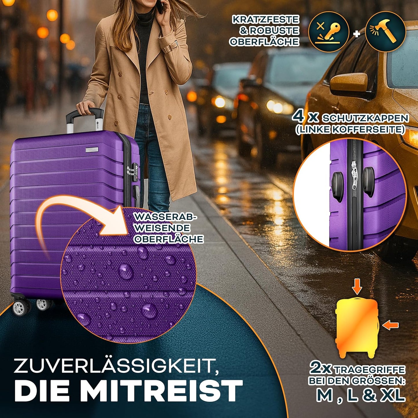 Reisekoffer-Set mit Gepäckwaage (3-teilig), Lila Kofferset 3tlg