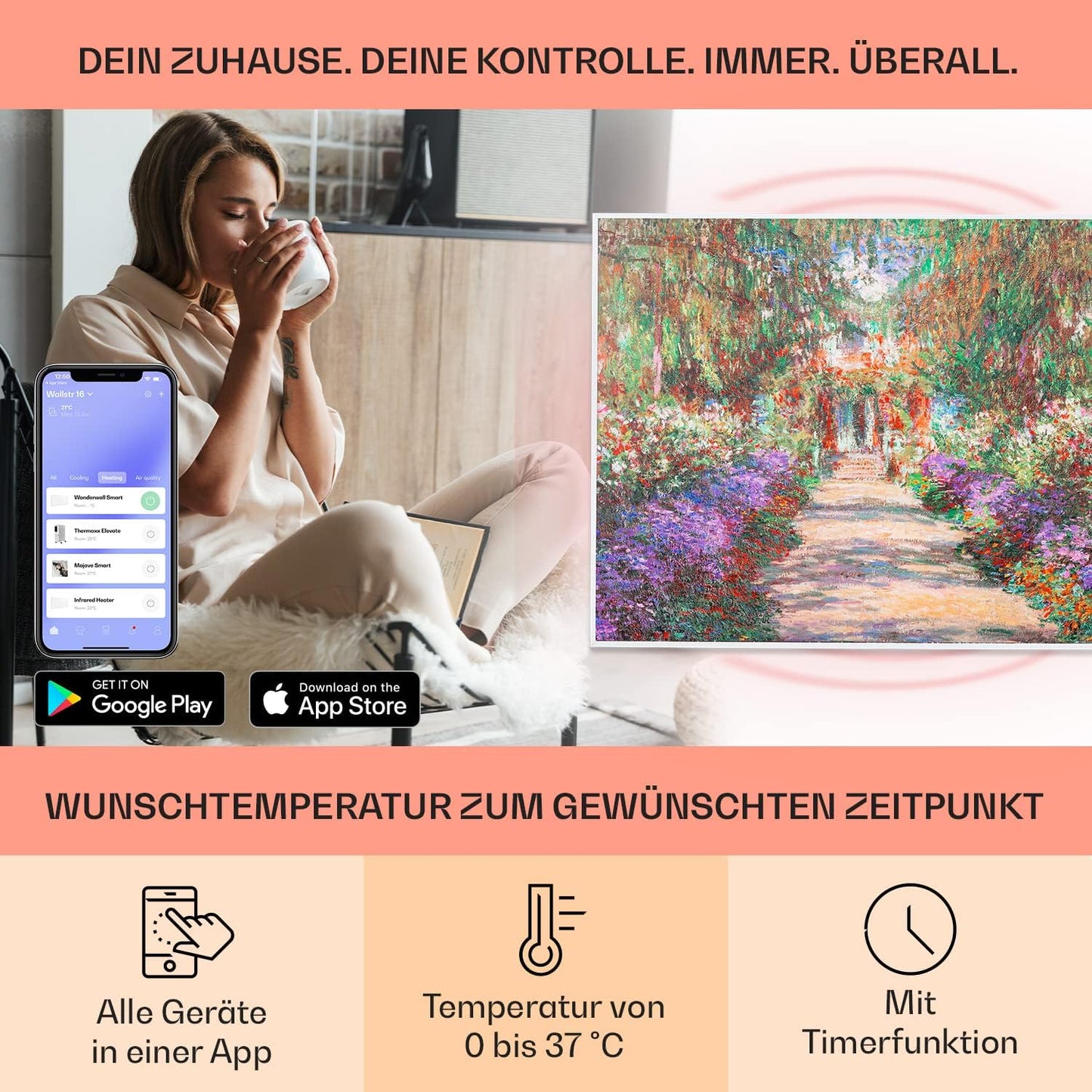 Monets Garden - Infrarotheizung mit Thermostat, 80 x 60 cm / 500W ; Monets Garten - Weiss