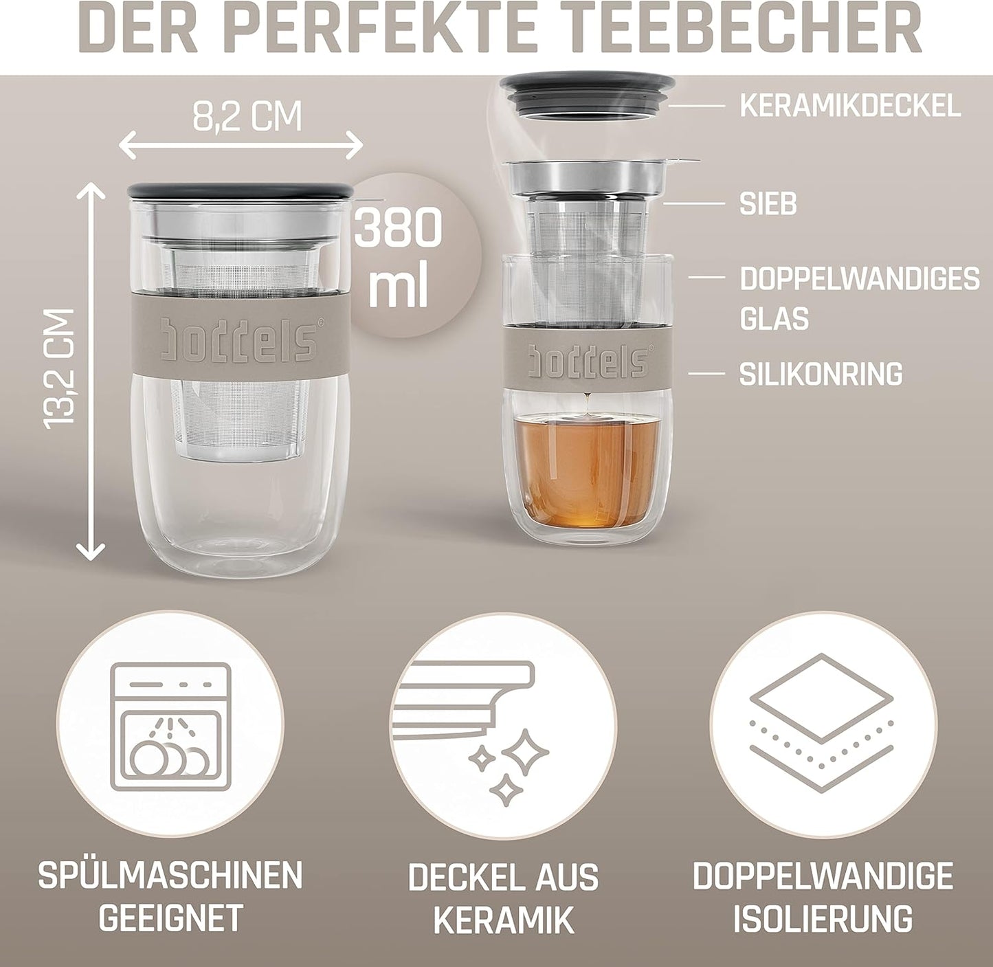Doppelwandiger Teebecher mit Edelstahl-Sieb, 380ml, Taupe