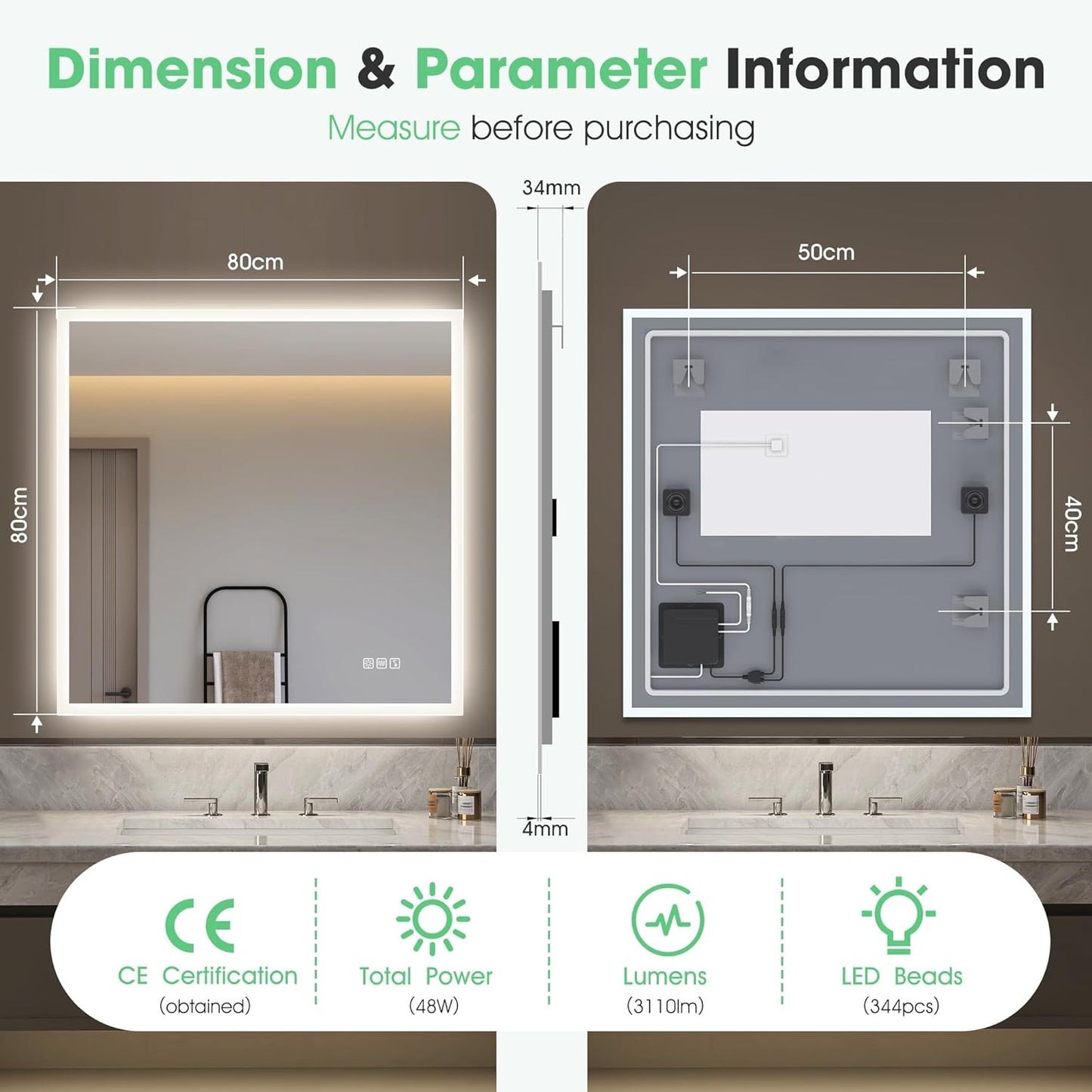 LED-Badspiegel mit Beleuchtung und Bluetooth (80x80 cm), M77 (Bluetooth) 80L x 80B cm