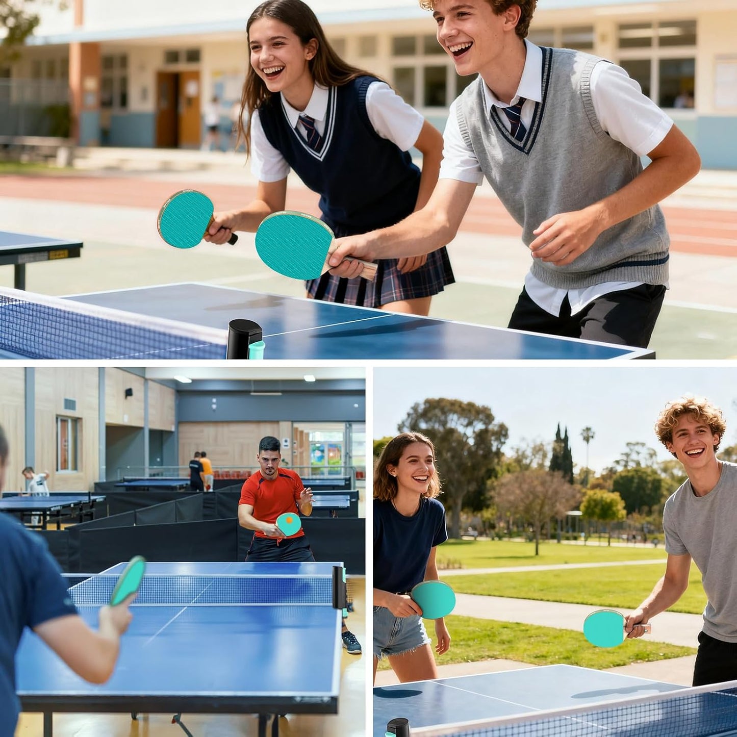 Tischtennis-Set mit Netz und Schlägern, Blau+Grün