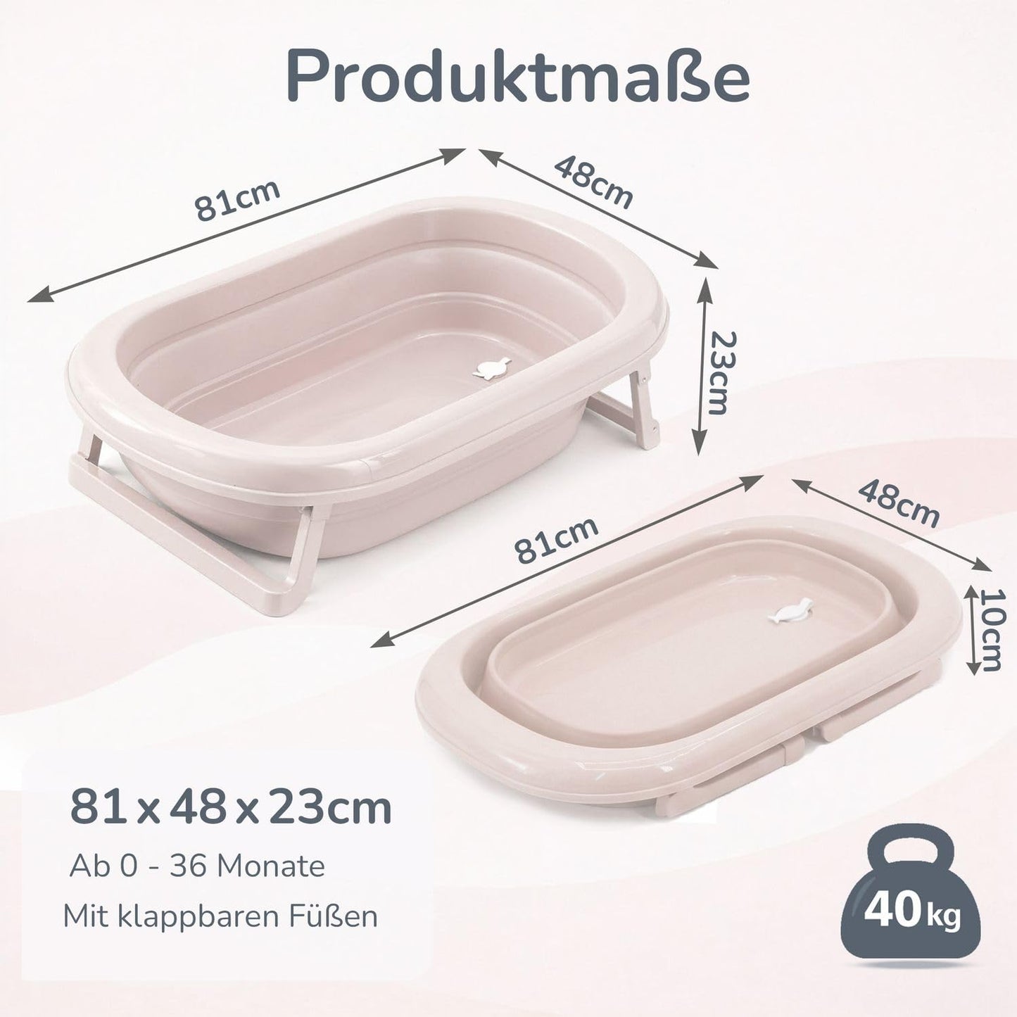 Faltbare Babybadewanne mit Abfluss & Thermometer, Peach Badewanne