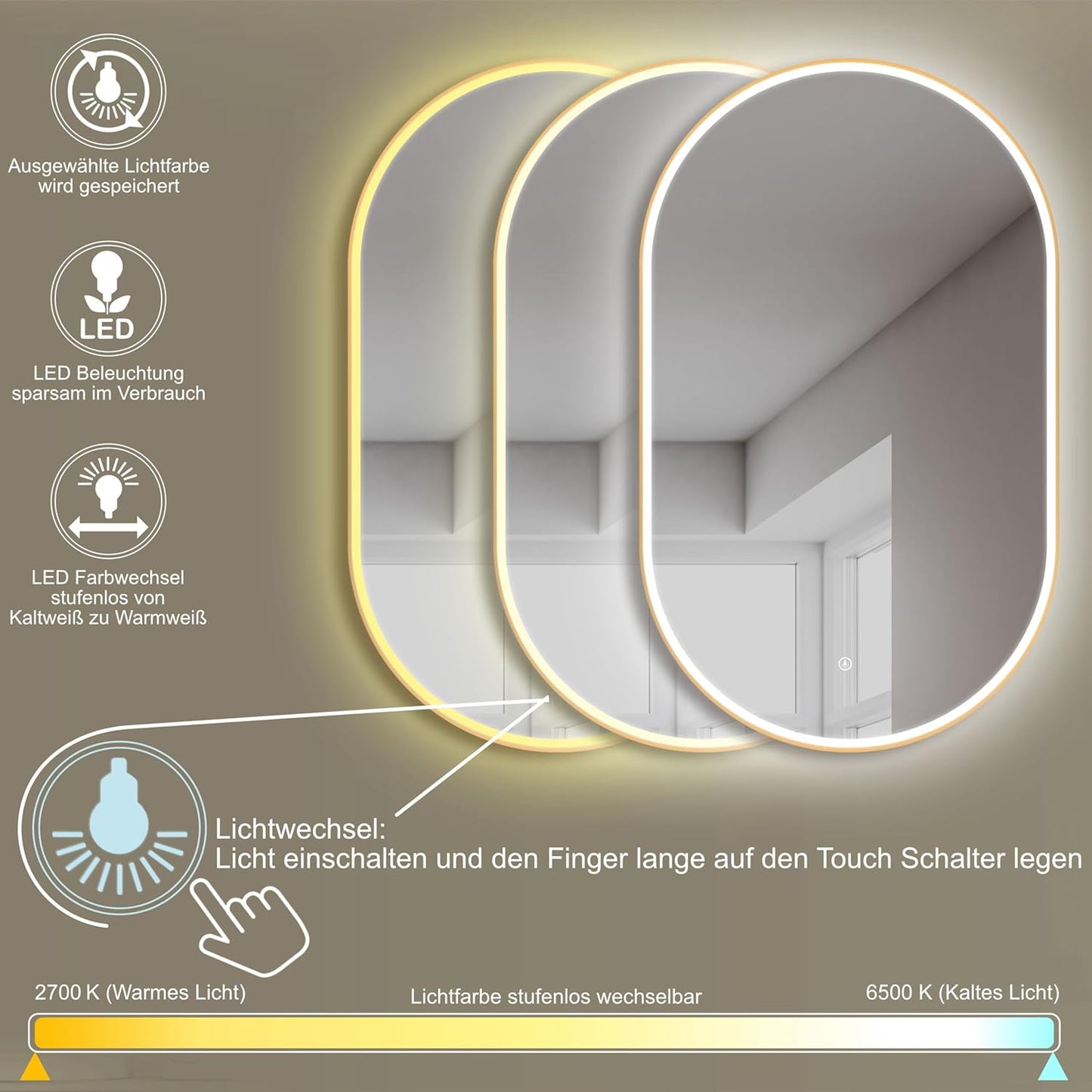London Wandspiegel mit LED-Beleuchtung, 45L x 75B cm / Gold+silber