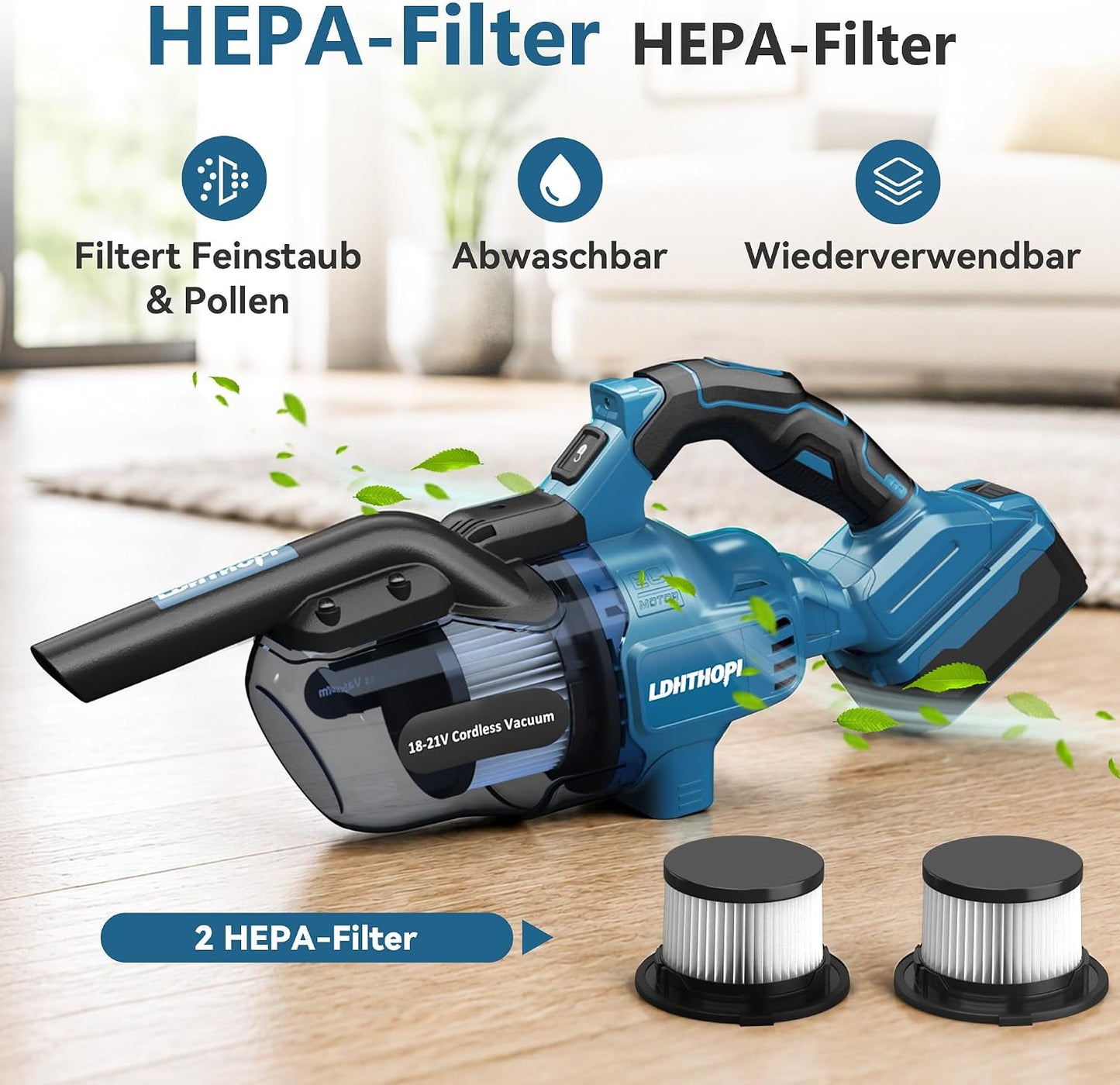 5in1 Akkustaubsauger für Teppich und Hartboden, Makita kompatibel, Blau