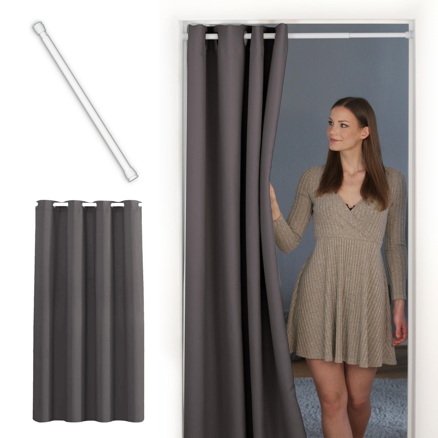 Thermo Türvorhang mit Teleskopstange, bohrfreie Montage, H200 x B150 cm (1er Pack) Vorhang Grau + Stange Weiss 70-120 Cm
