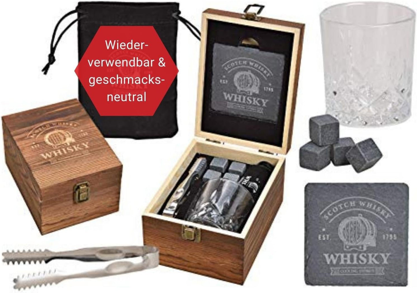 Whisky-Steine Set, 4 Kühlsteine + Zange + 1 Glas + Untersetzer