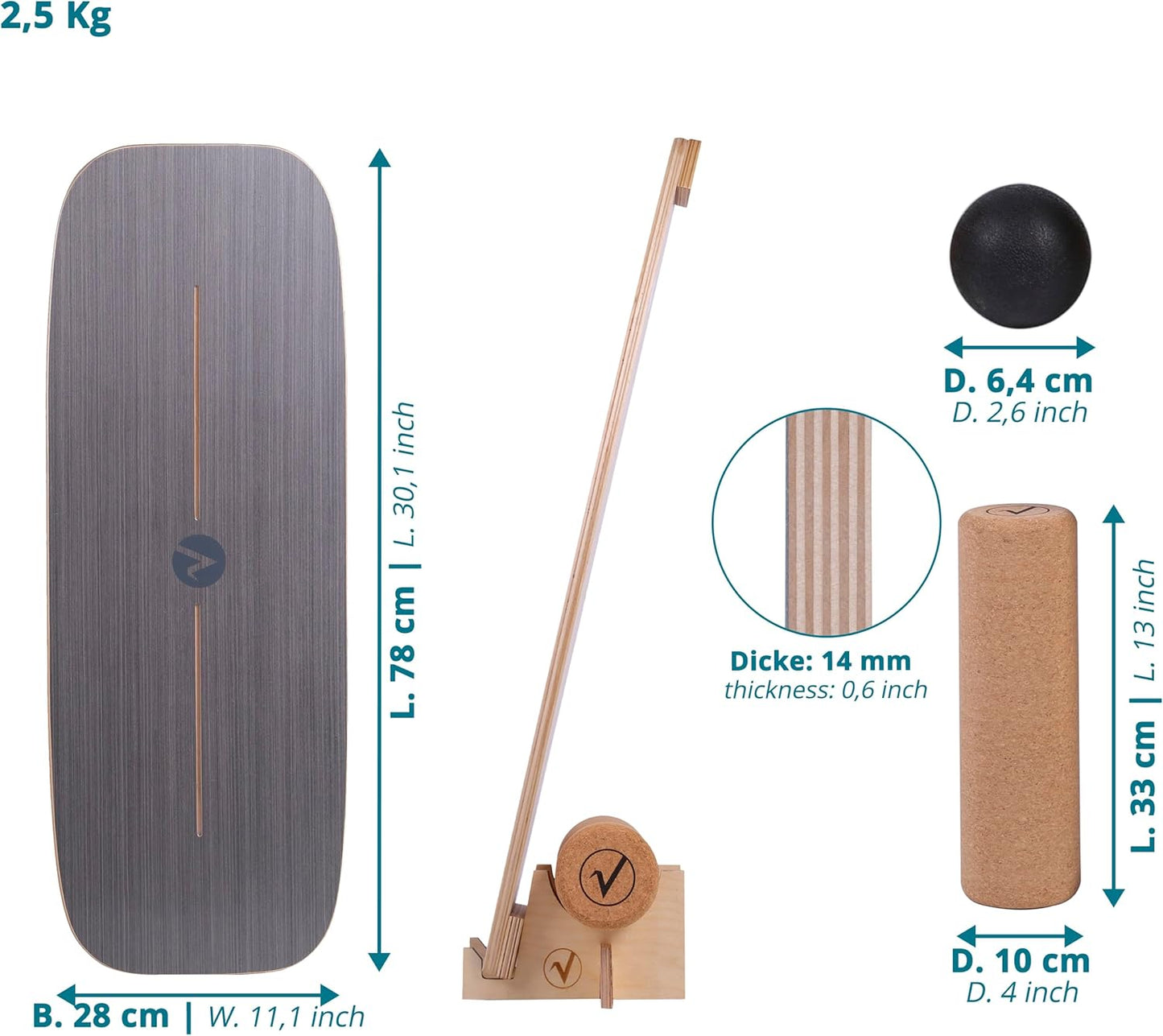 Balance Board aus Holz mit Rolle & Zubehör, Allround Shape Grau