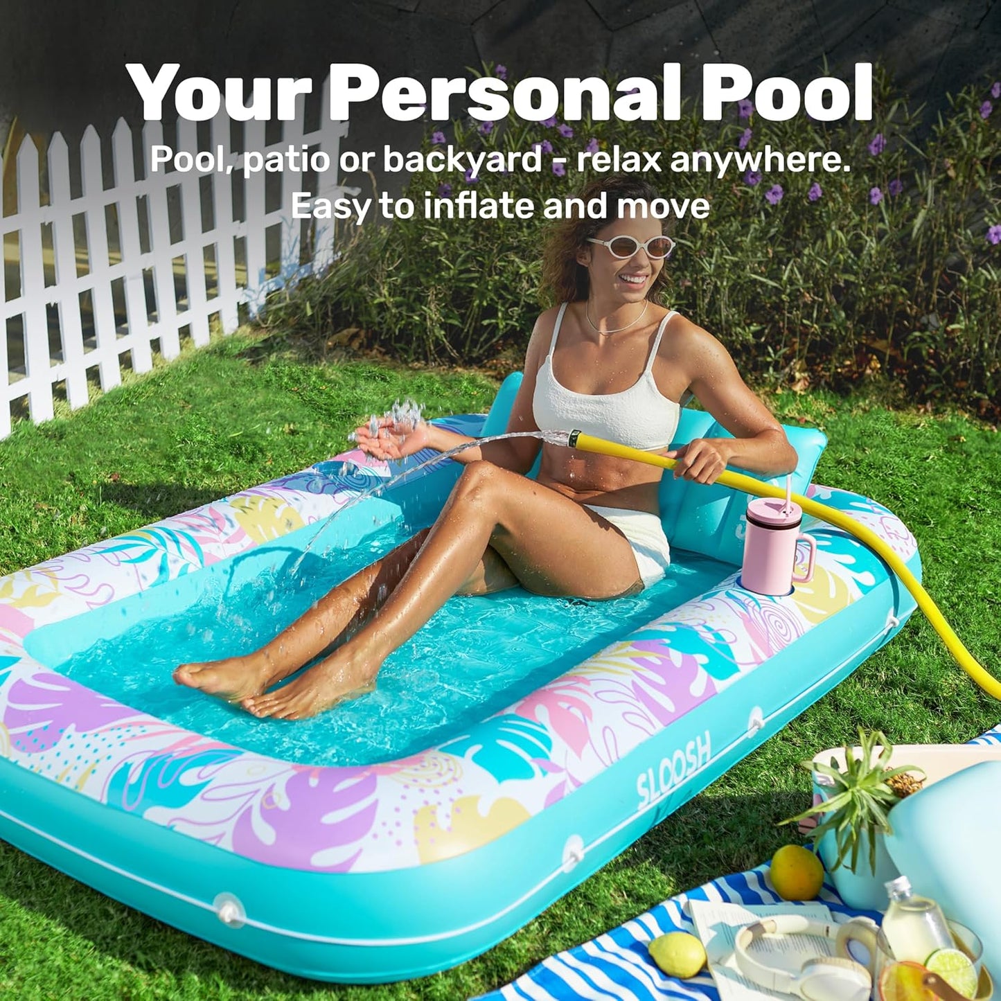 Aufblasbarer 4-in-1 Sonnenliegepool mit Kissen und Getränkehalter, Tropisches Blau L