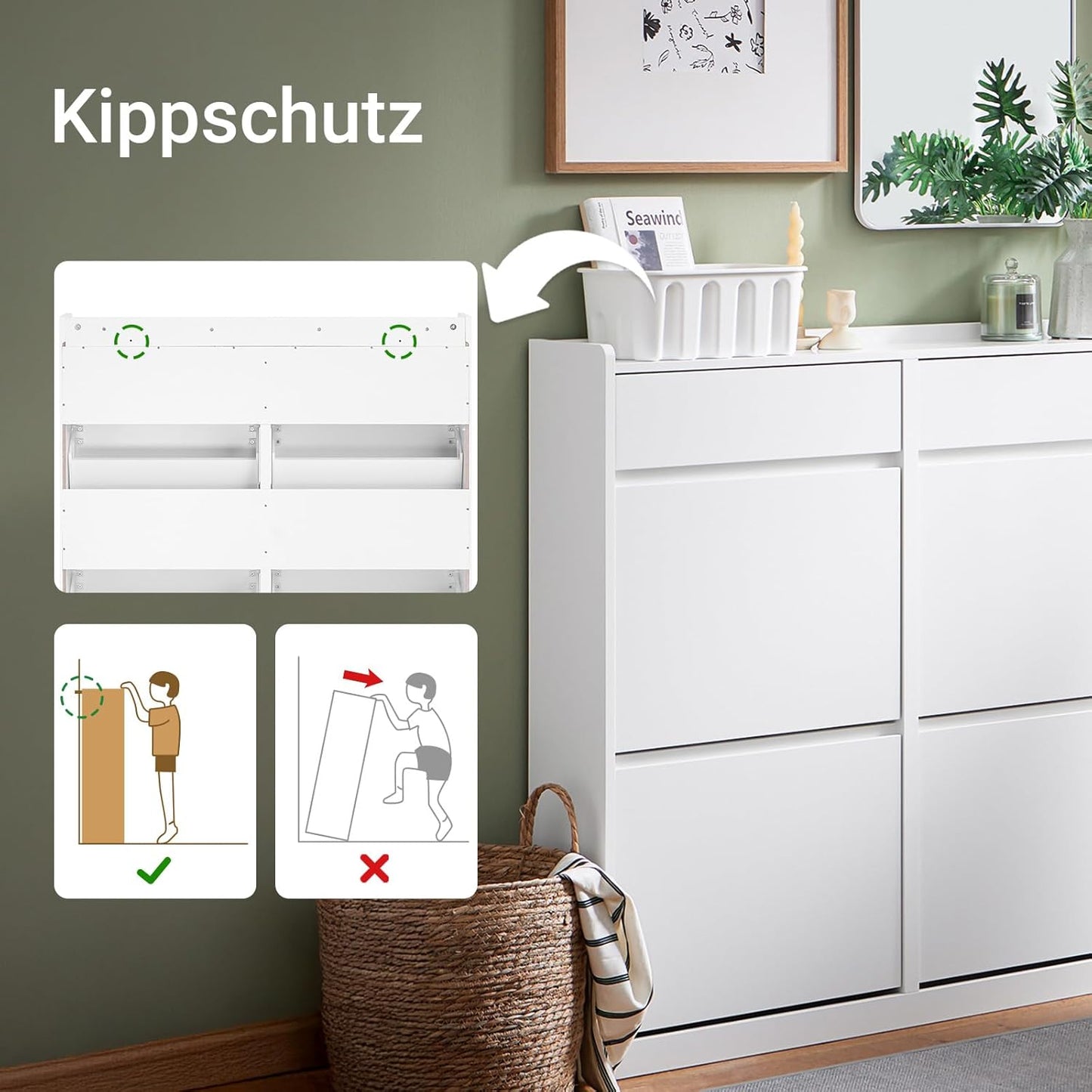 Schuhkipper mit 4 Klappen und Ablageflächen (schmal), Weiss Steinplatte