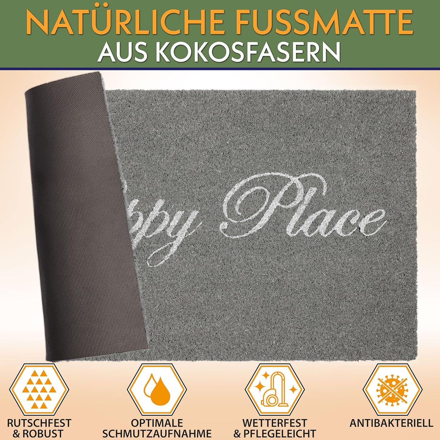 Antirutsch Fussmatte, Happy Place - Grau Glitzer