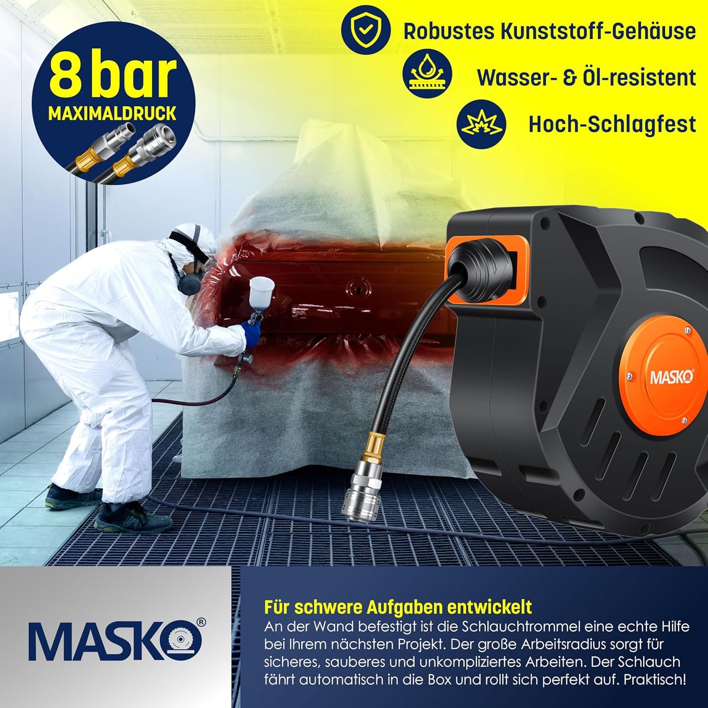 Automatik Druckluftschlauch Aufroller, 10 m Orange / Schwarz