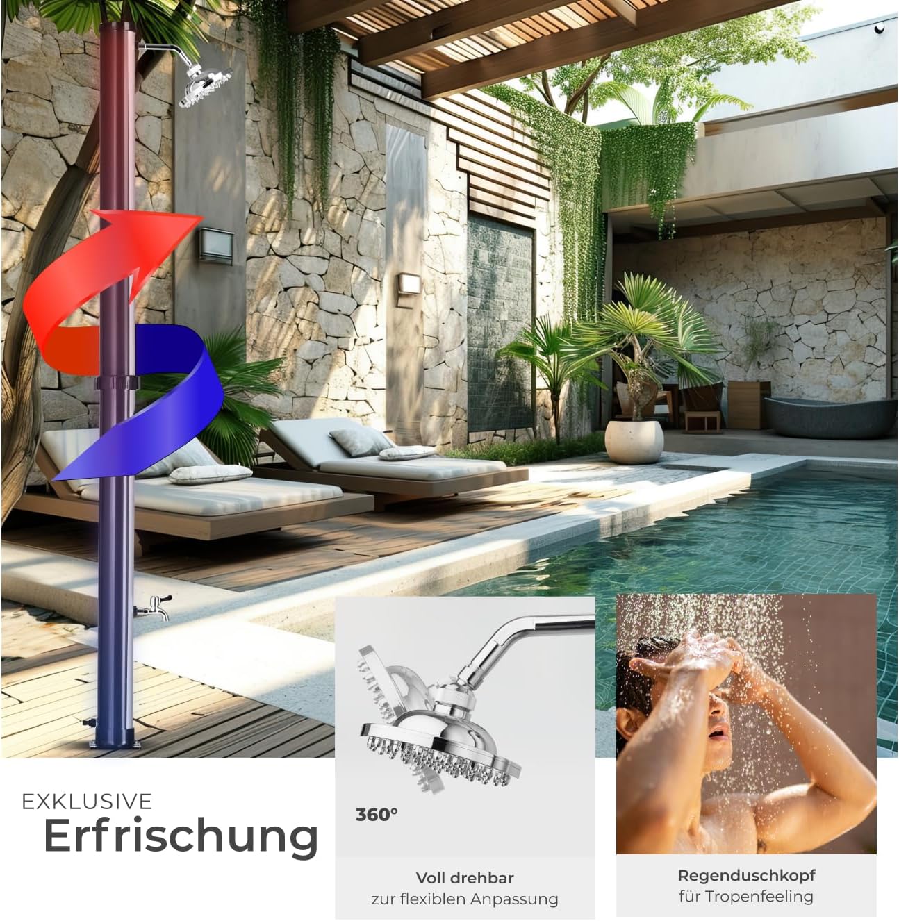 Solardusche mit grossem Duschkopf und Wasserhahn, 20 L Schwarz-Silber