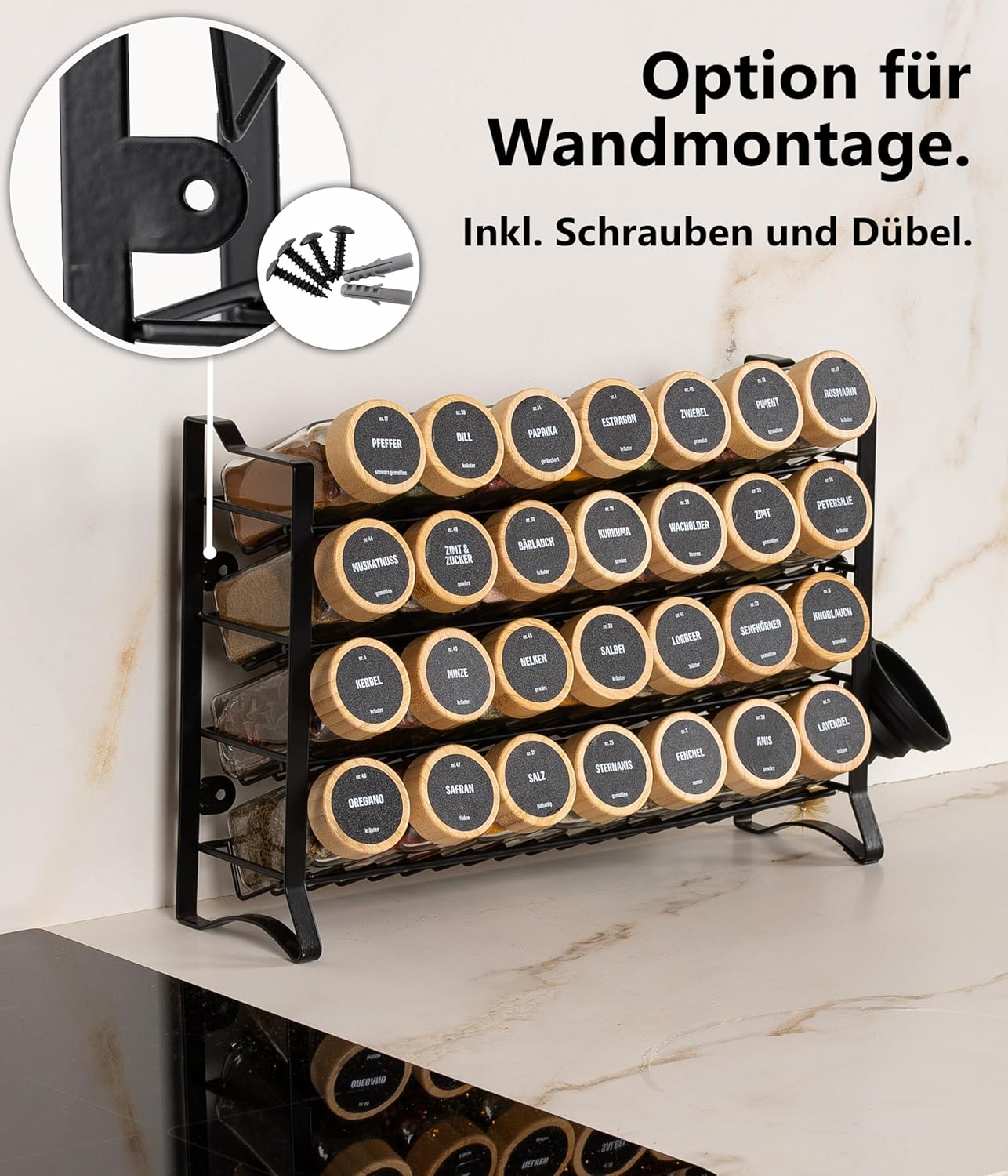 Gewürzregal mit Gewürzgläsern, Schwarz, Deckel Bambus