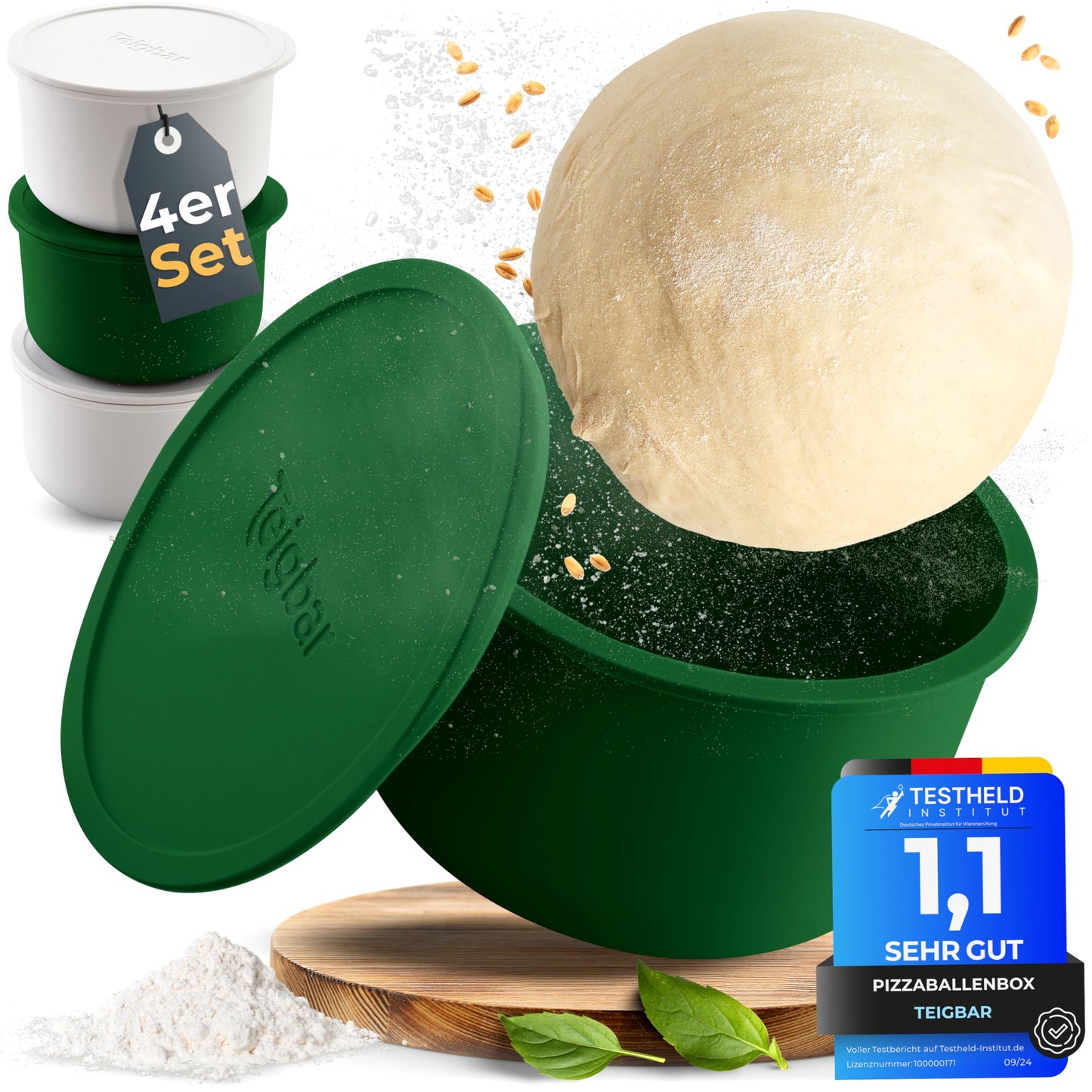 4er-Set Pizzaballenbox mit Deckel, Weiss/Grün 4er Set
