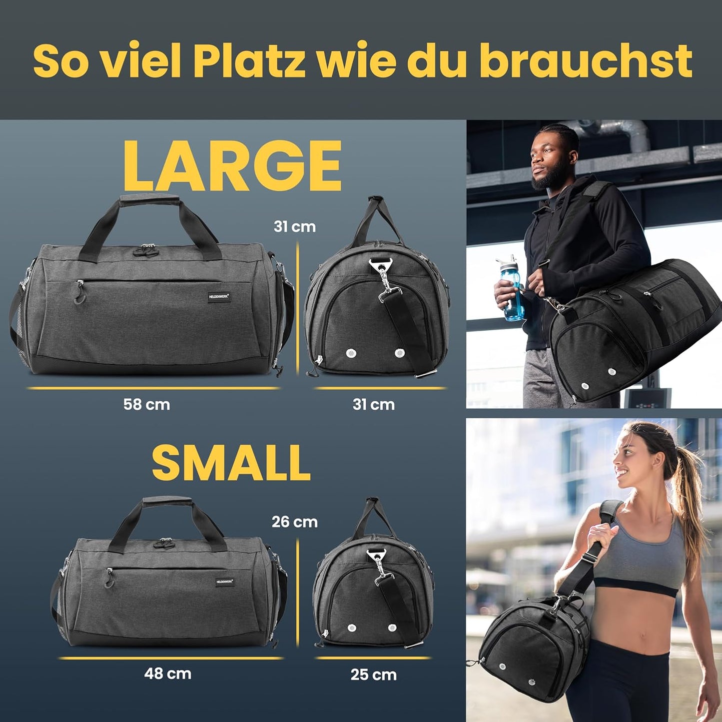 Sport- und Reisetasche mit Schuh- und Nassfach, Grau 48 x 26 x 25 cm (Small 30L)