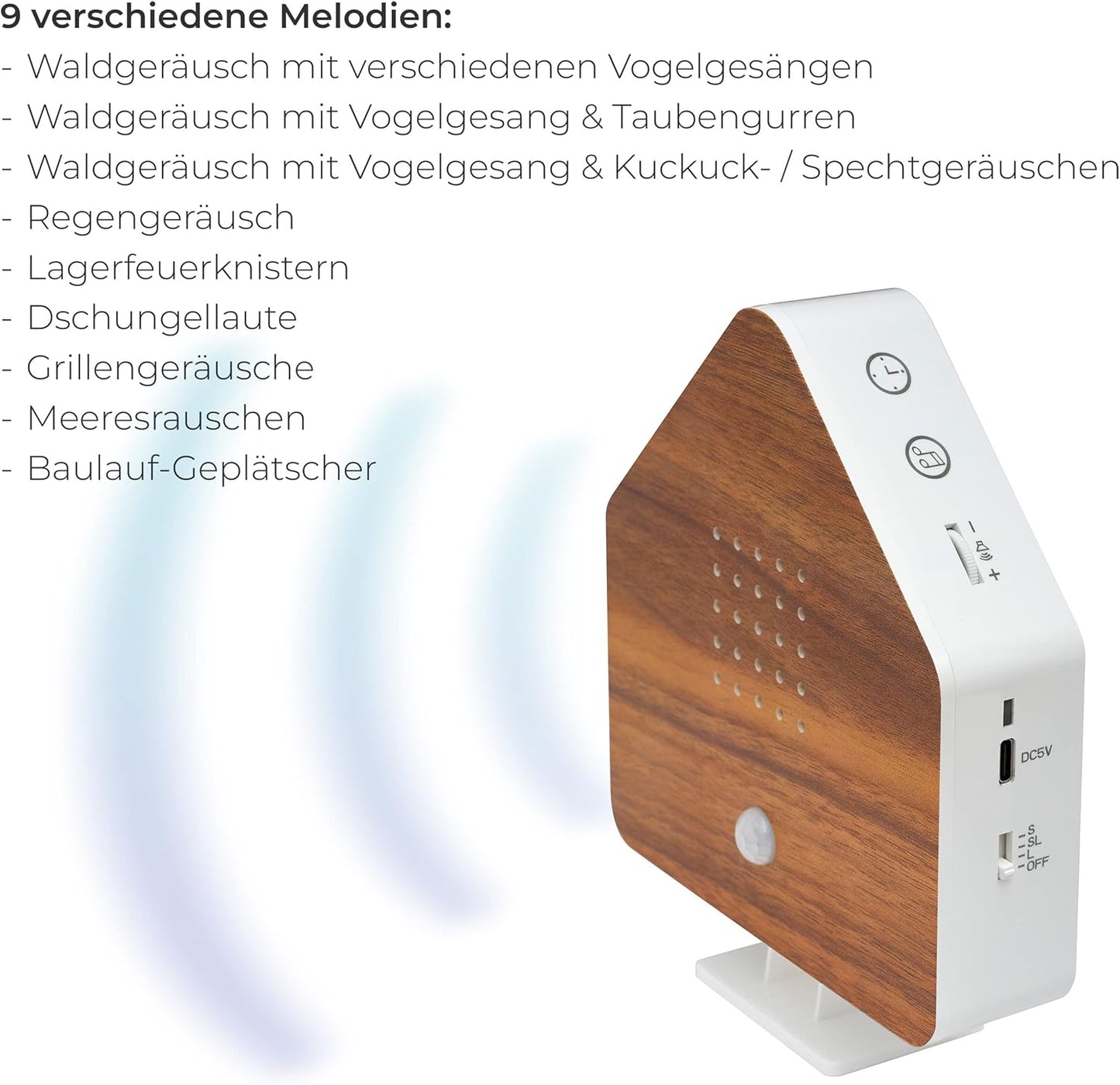 Naturgeräusche-Box mit Bewegungsmelder & Licht, Holzoptik