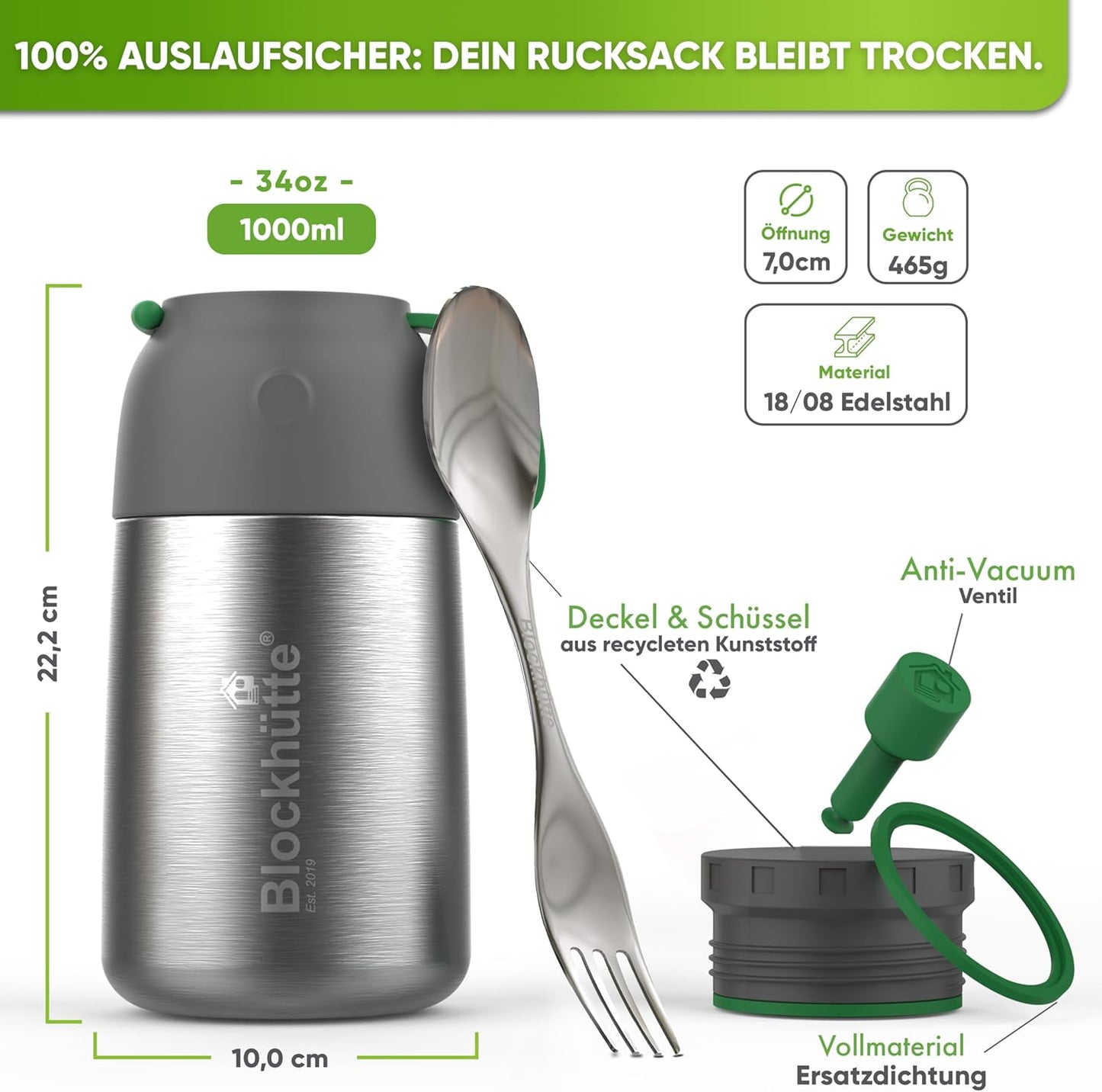 Thermobehälter für Essen, Silber 1000 ml