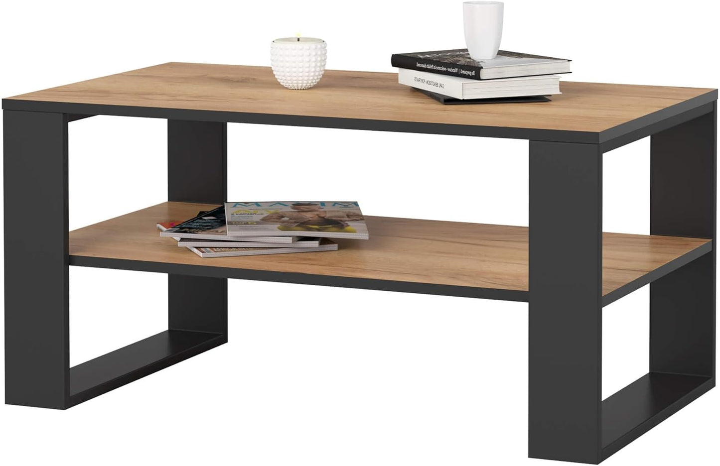Minimalistischer Couchtisch mit Ablage, Handwerkliche Eiche Schwarz