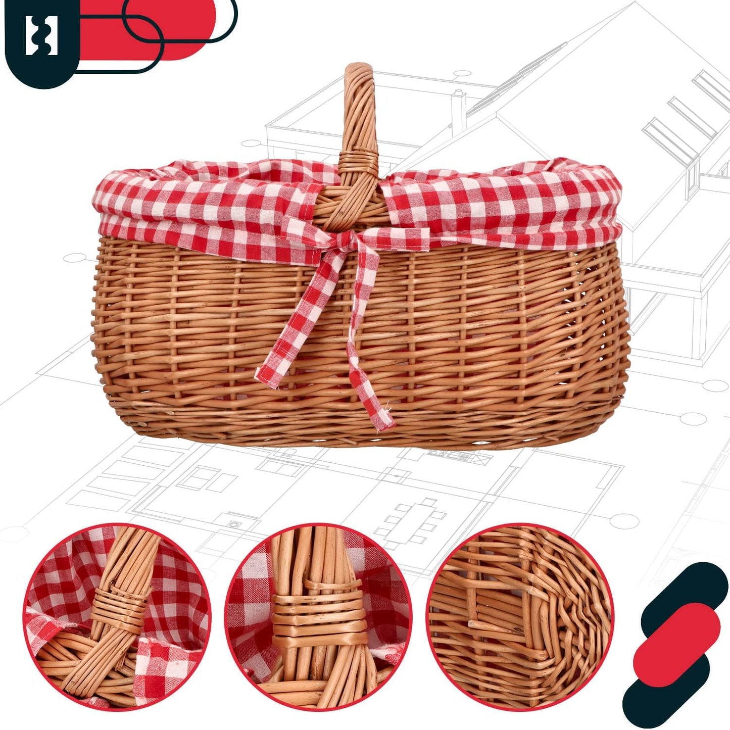 Picknickkorb mit Einsatz, Mit Rot Kariertem