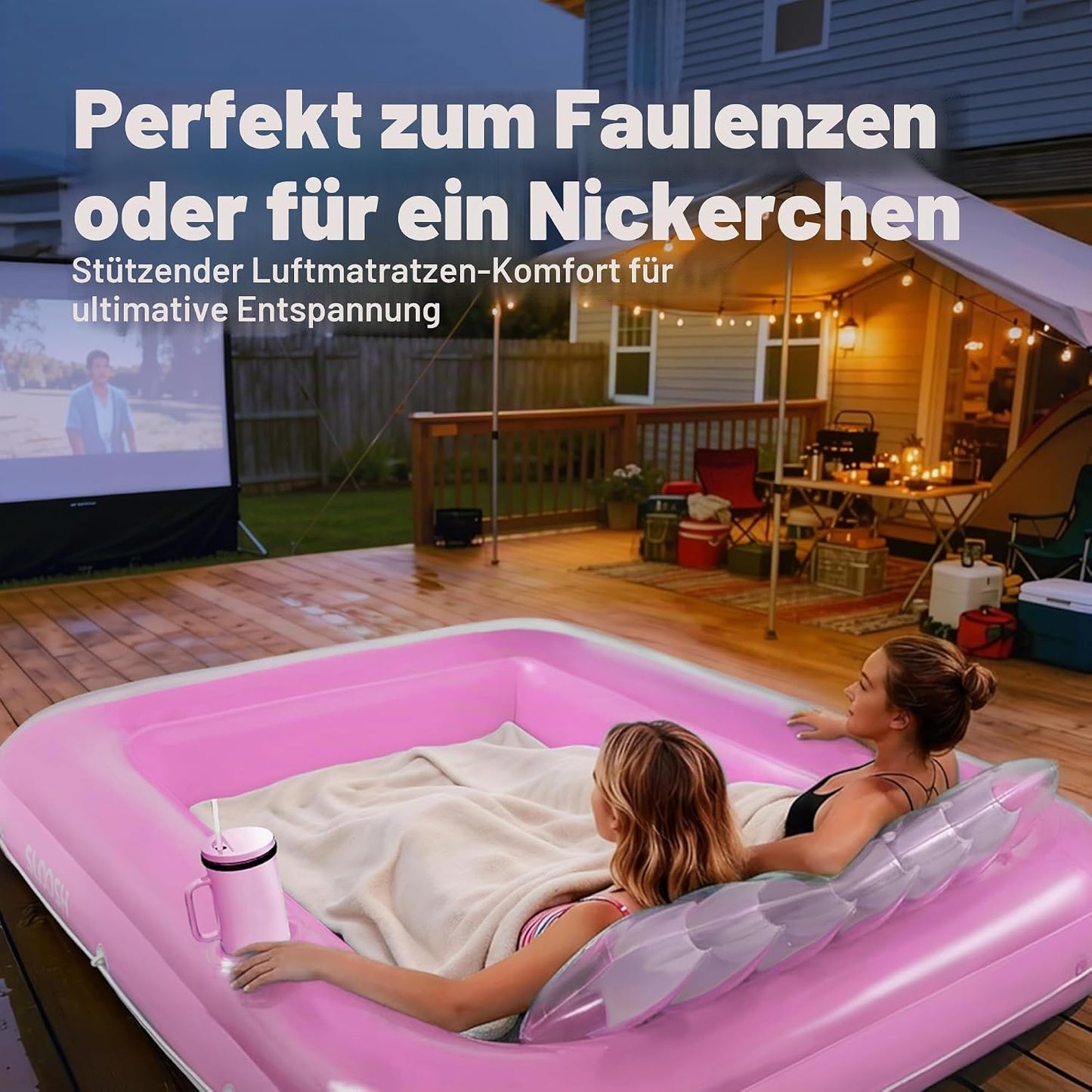 Aufblasbarer Sonnenpool mit abnehmbarem Kissen und Getränkehalter, Rosa-Weiss XL