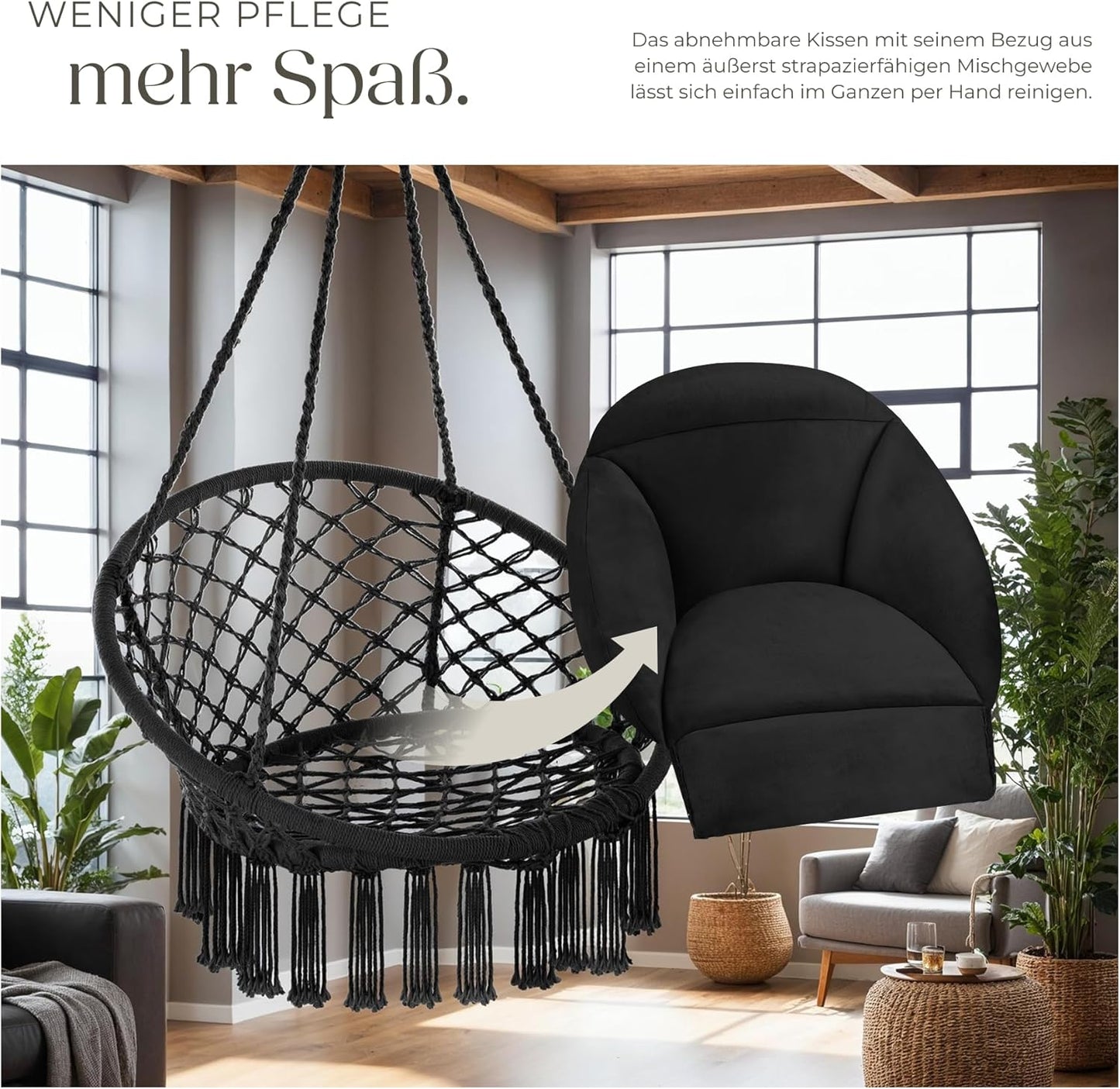 Boho Hängesessel mit dickem Kissen & Gestell, Schwarz