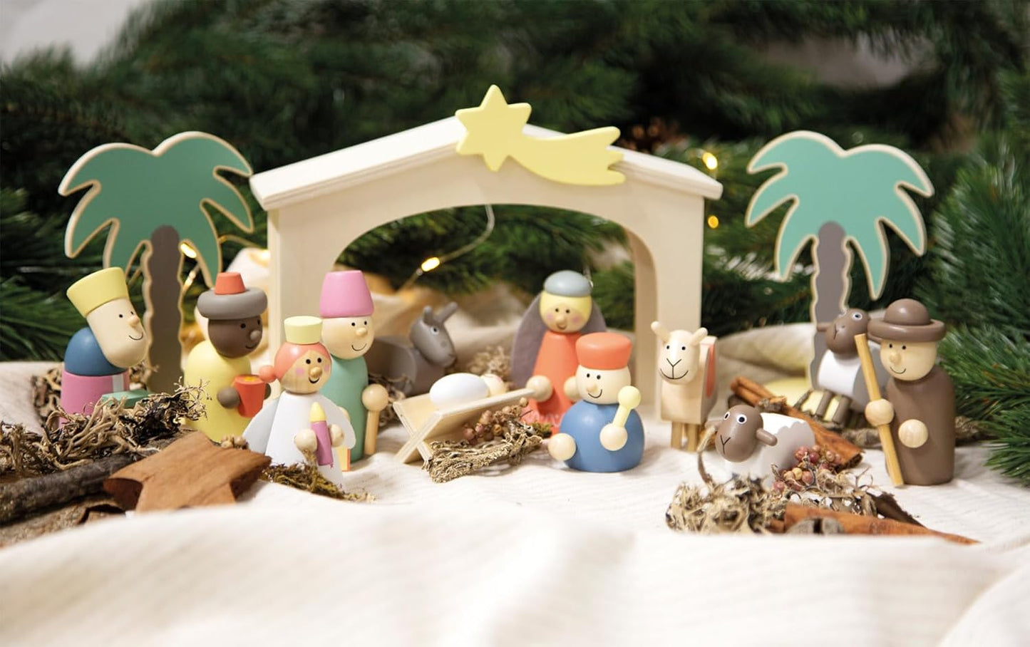 Krippe mit Weihnachtsfiguren-Set, Holzkrippe Weihnachtsgeschichte