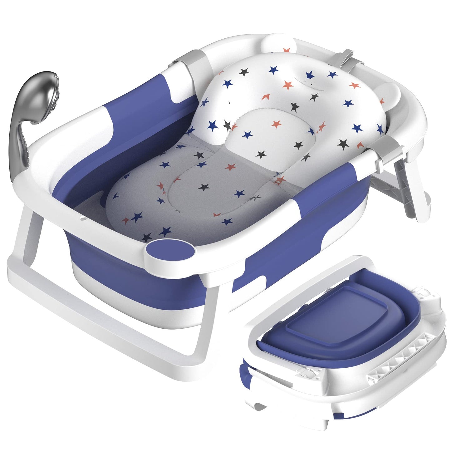 Faltbare Babybadewanne mit Rutschschutz und Abflussloch, Blau