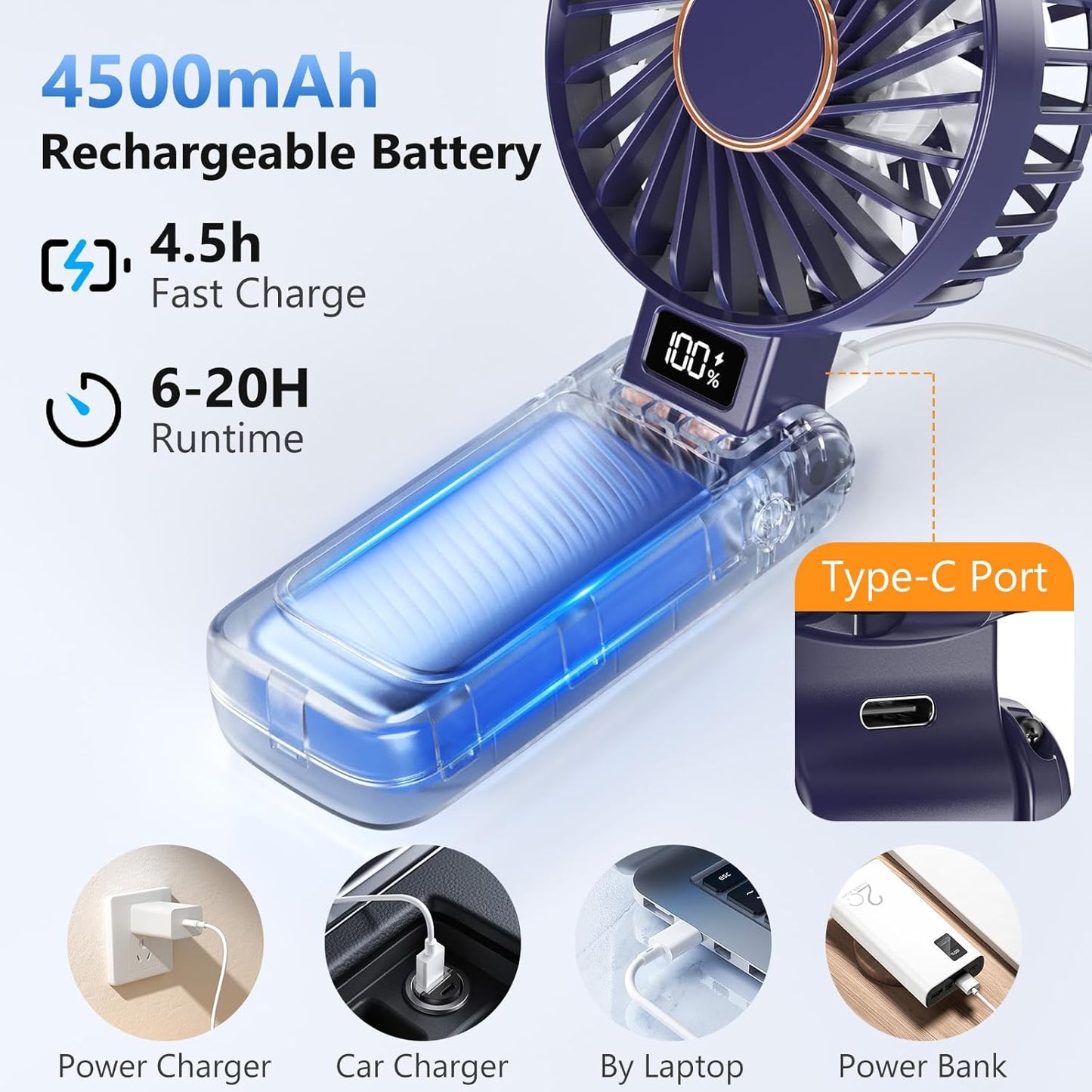 Faltbarer Handventilator mit 4500mAh Akku, Blau