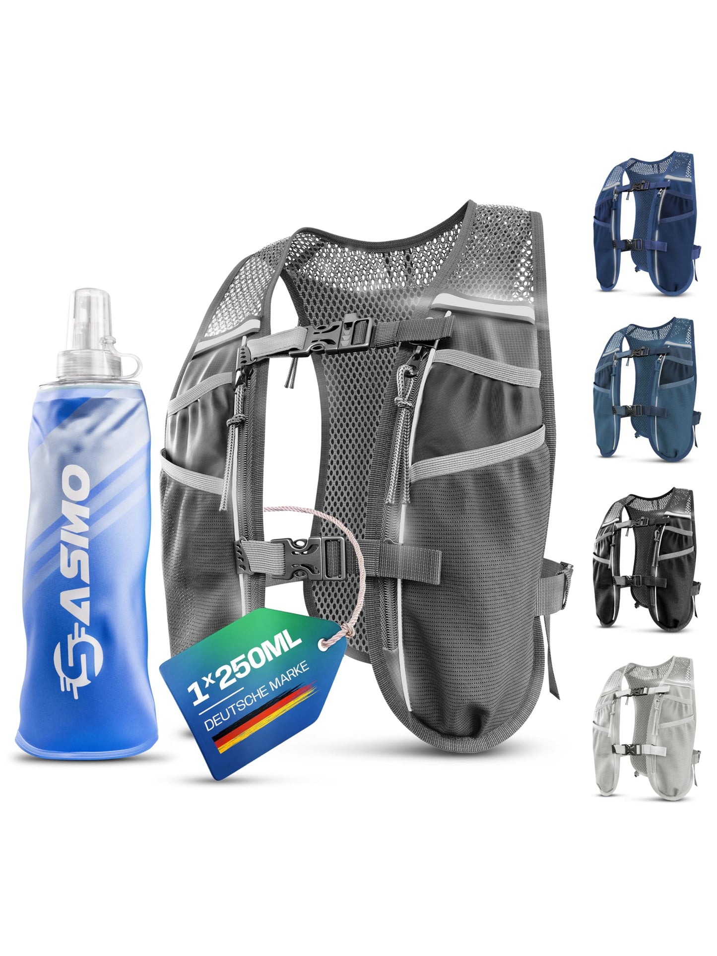 Ultraleichte Laufweste Trinkweste mit 8 Taschen, 5L - grau 5L