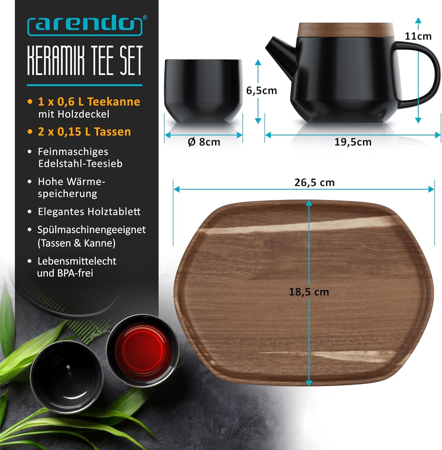 5-teiliges Teeservice-Set mit Teekanne und Tassen