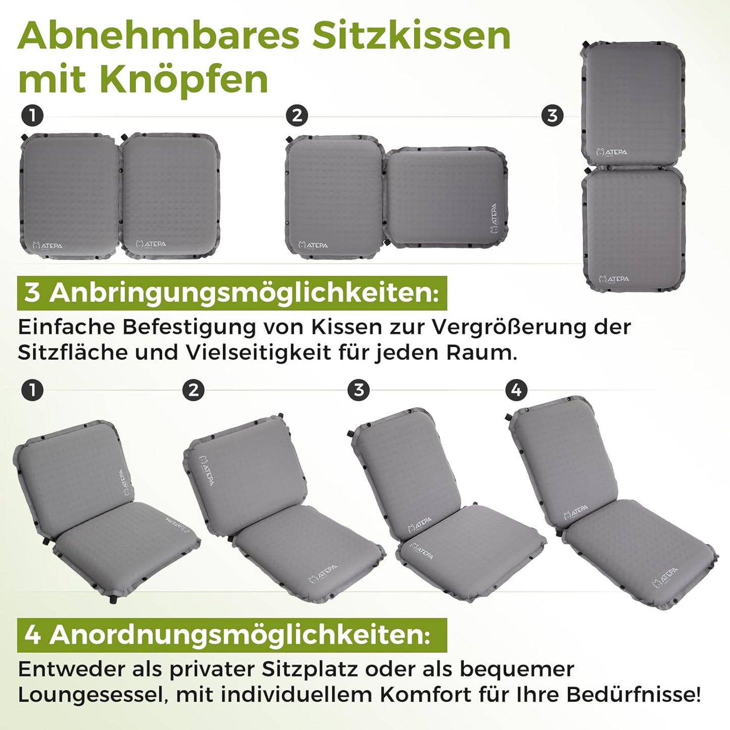 Faltbares, selbstaufblasendes Sitzkissen, Grau 1er Pack 42 x 33 x 6,5 cm