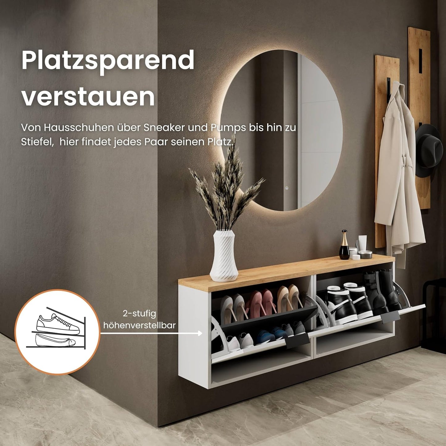Schmaler Schuhschrank mit Klappen (2er-Set), 2x 1 Klappe Weiss-grau