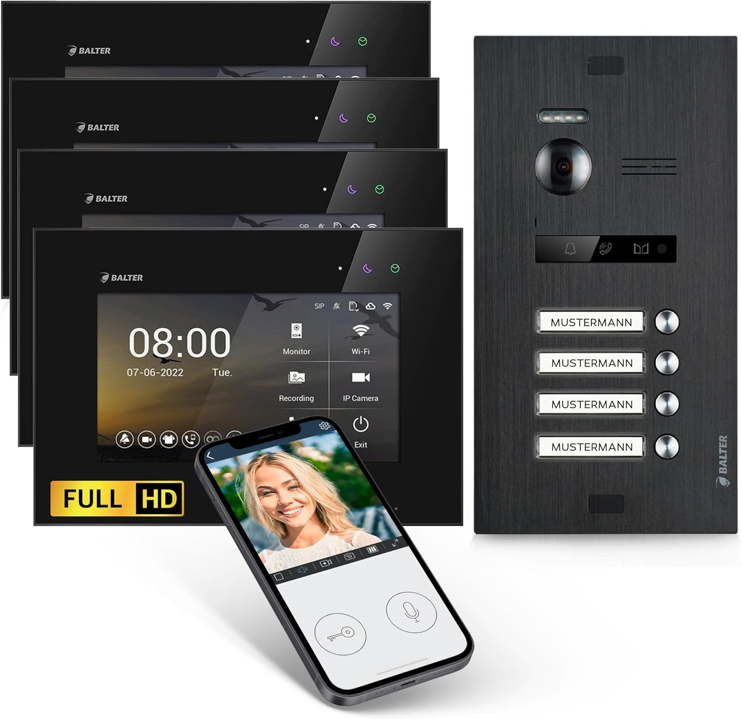 4 Familien EVO-HD Video Türsprechanlage mit 7" Monitor und App-Steuerung, 4 Familienhaus, mit App C.schwarz/Schwarz