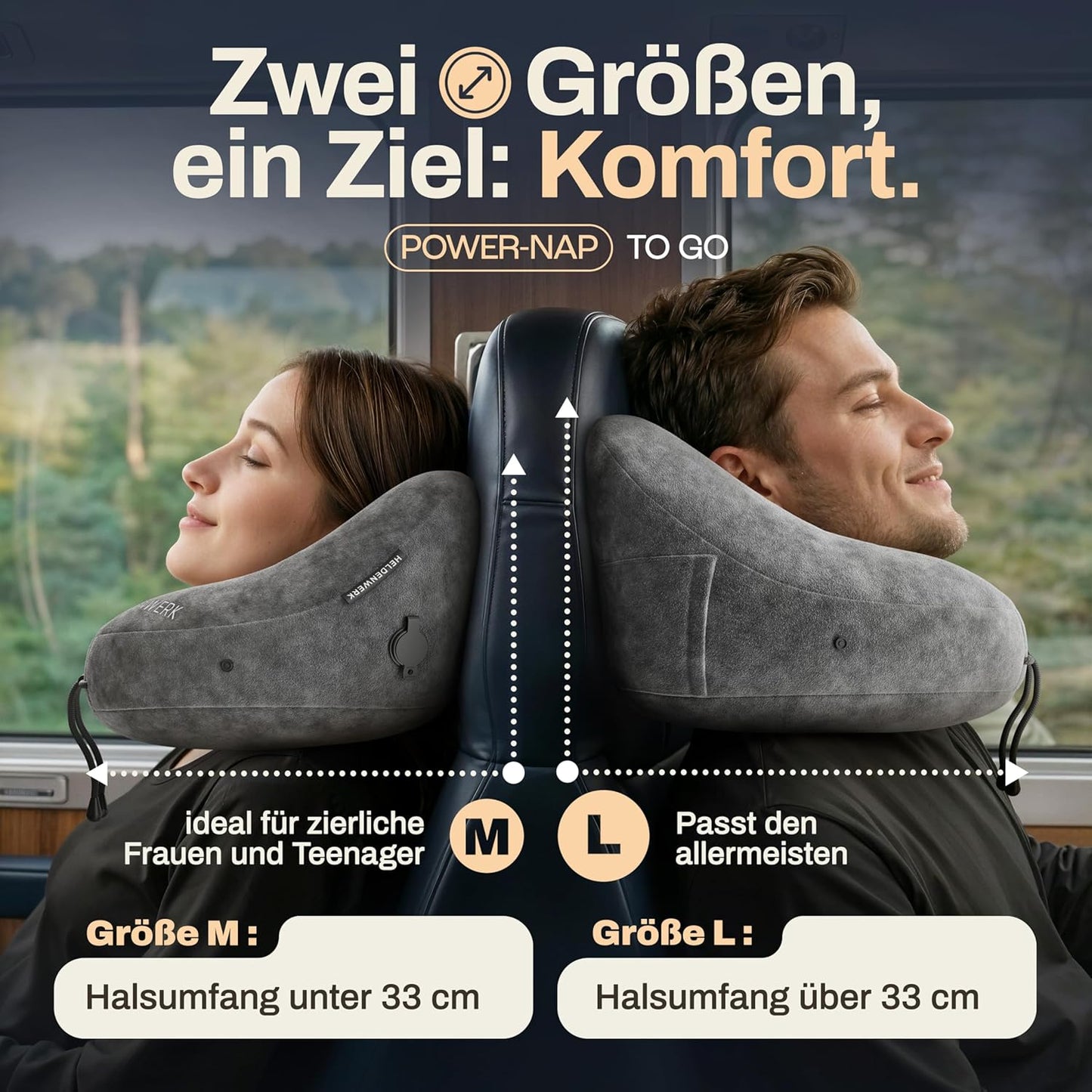 Aufblasbares Nackenkissen mit abnehmbarer Kapuze, Grösse L, Dunkelgrau Gross - passt den meisten
