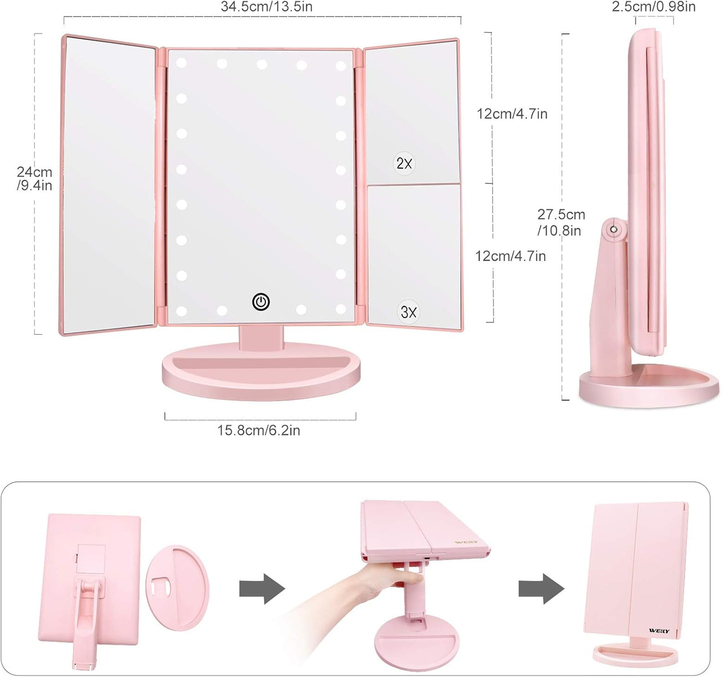 Dreifach gefalteter Kosmetikspiegel mit LED & Vergrösserung, Rosa