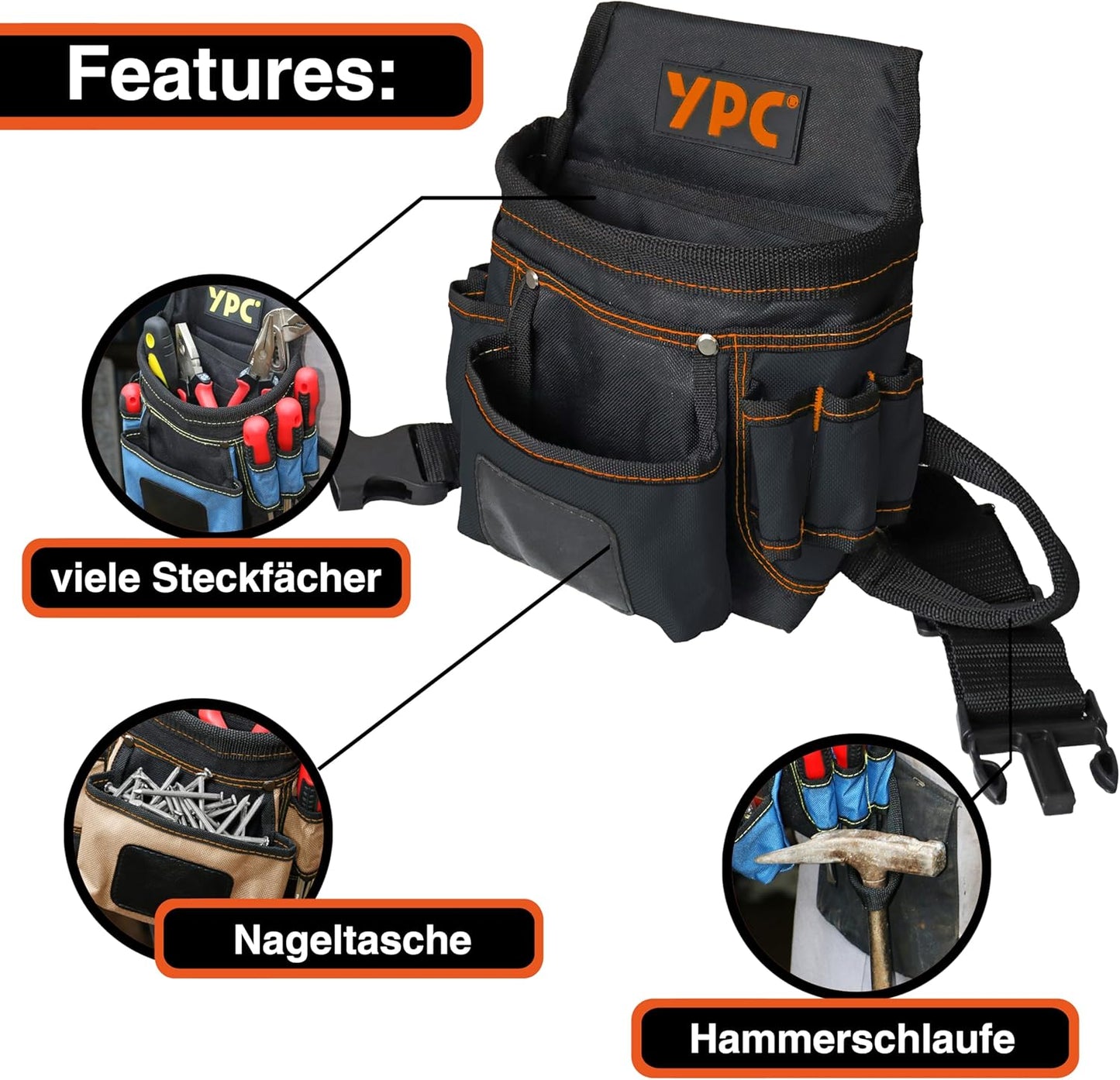 Presto Werkzeug-Gürteltasche mit 12 Taschen, Schwarz-orange