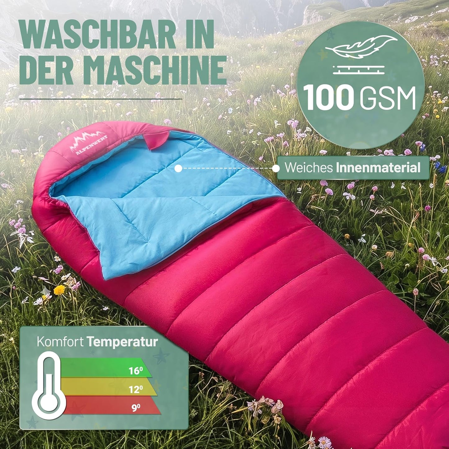 Kinderschlafsack Sommer Mumienschlafsack, Pink/Hellblau