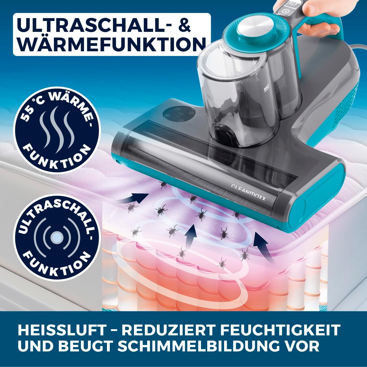 3-in-1 Milbensauger mit Heissluft & UV-C-Licht, Rotation Pro Power 15kPa Blau