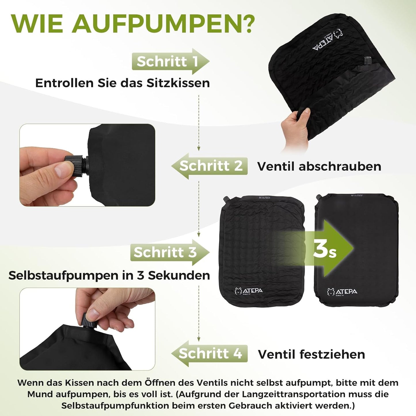Selbstaufblasendes Sitzkissen für Outdoor und Büro, Schwarz 1er Pack 38 x 28 x 5 cm