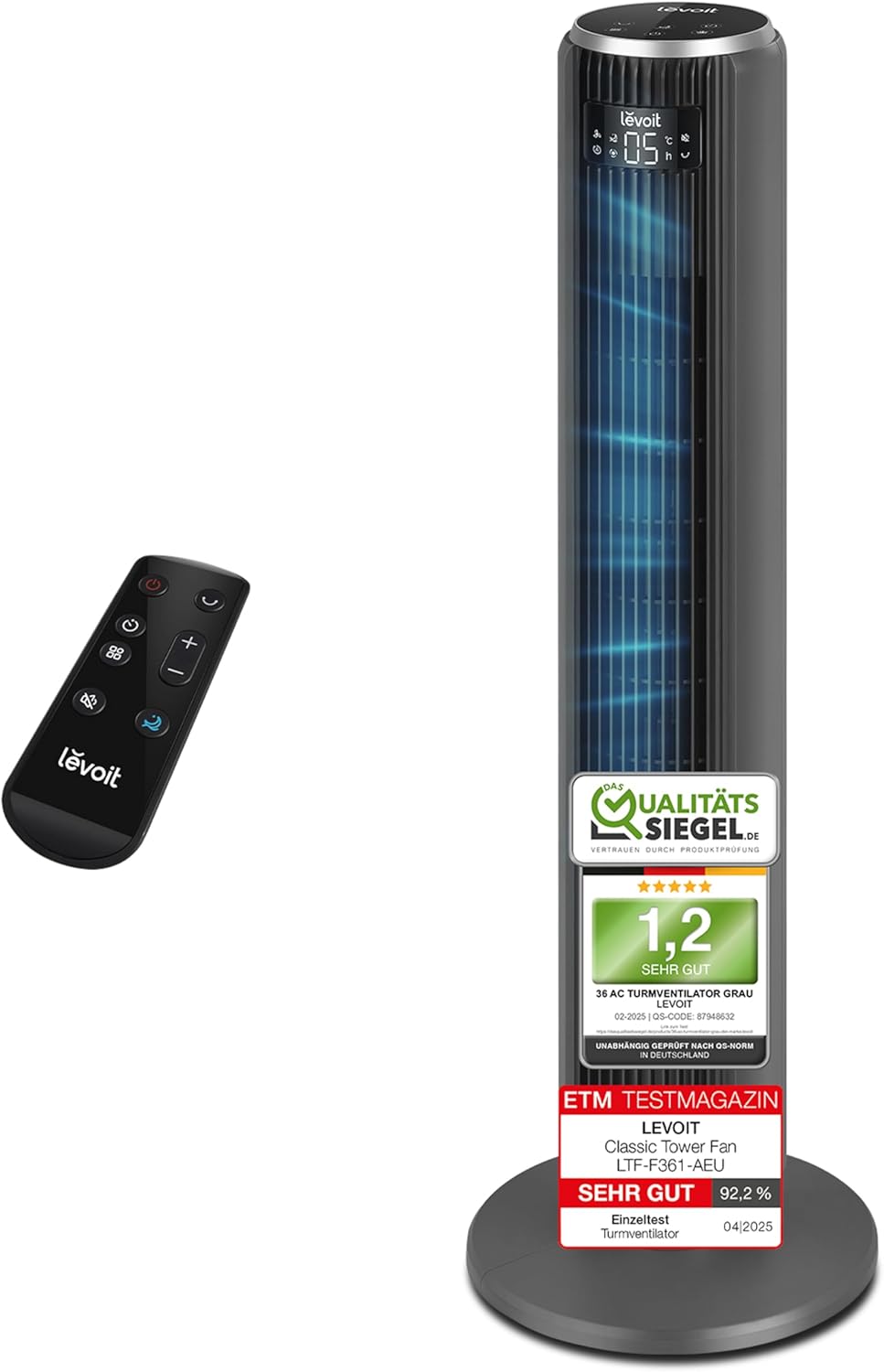 Leiser Turmventilator mit Fernbedienung und Timer, Intelligentes Schlafmodus Mattgrau