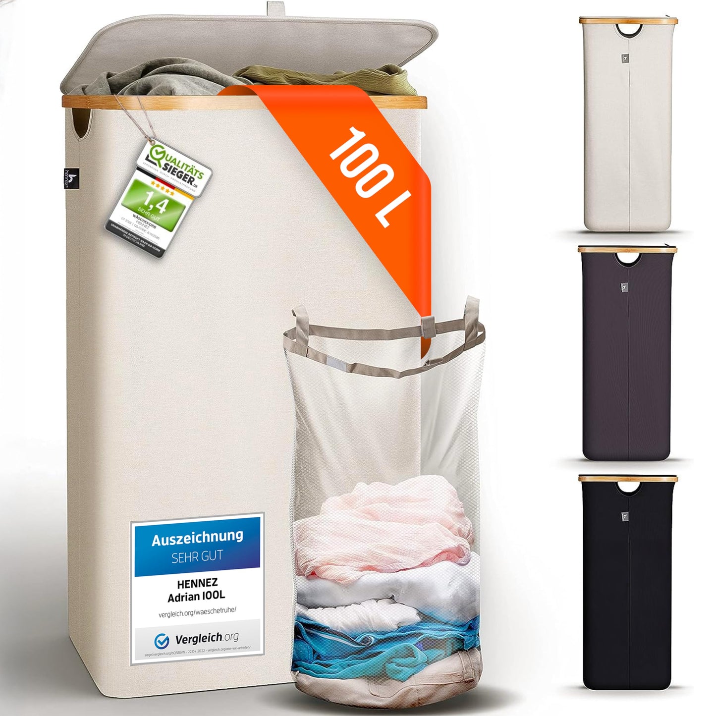 Wäschekorb mit Deckel, 100L 100l Beige-grau
